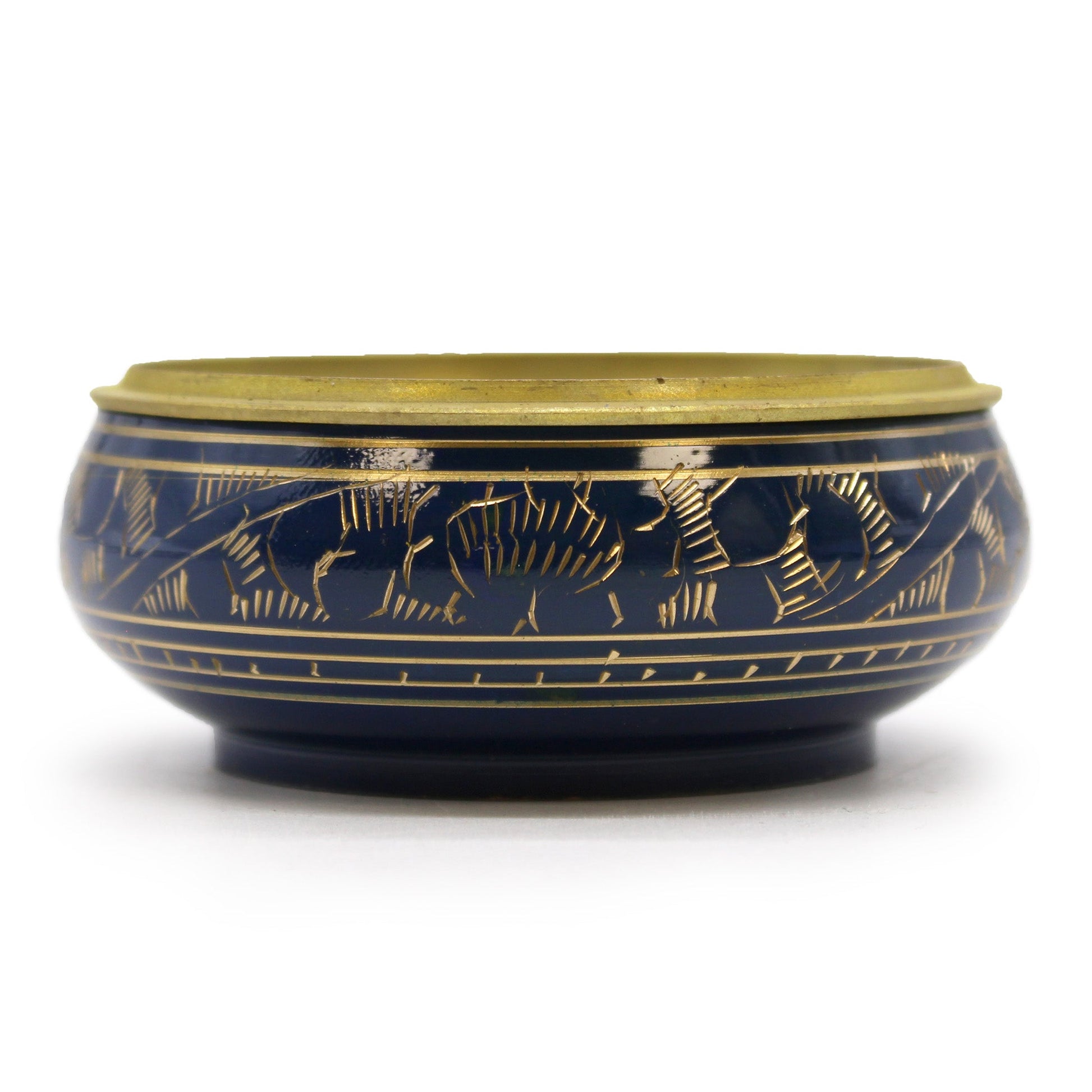 Handmade Brass Charcoal Burner Jar - Throat Chakra, in navy blue with gold-toned engraved decoration and a solid lid by Quintessential Holistic Health Ltd