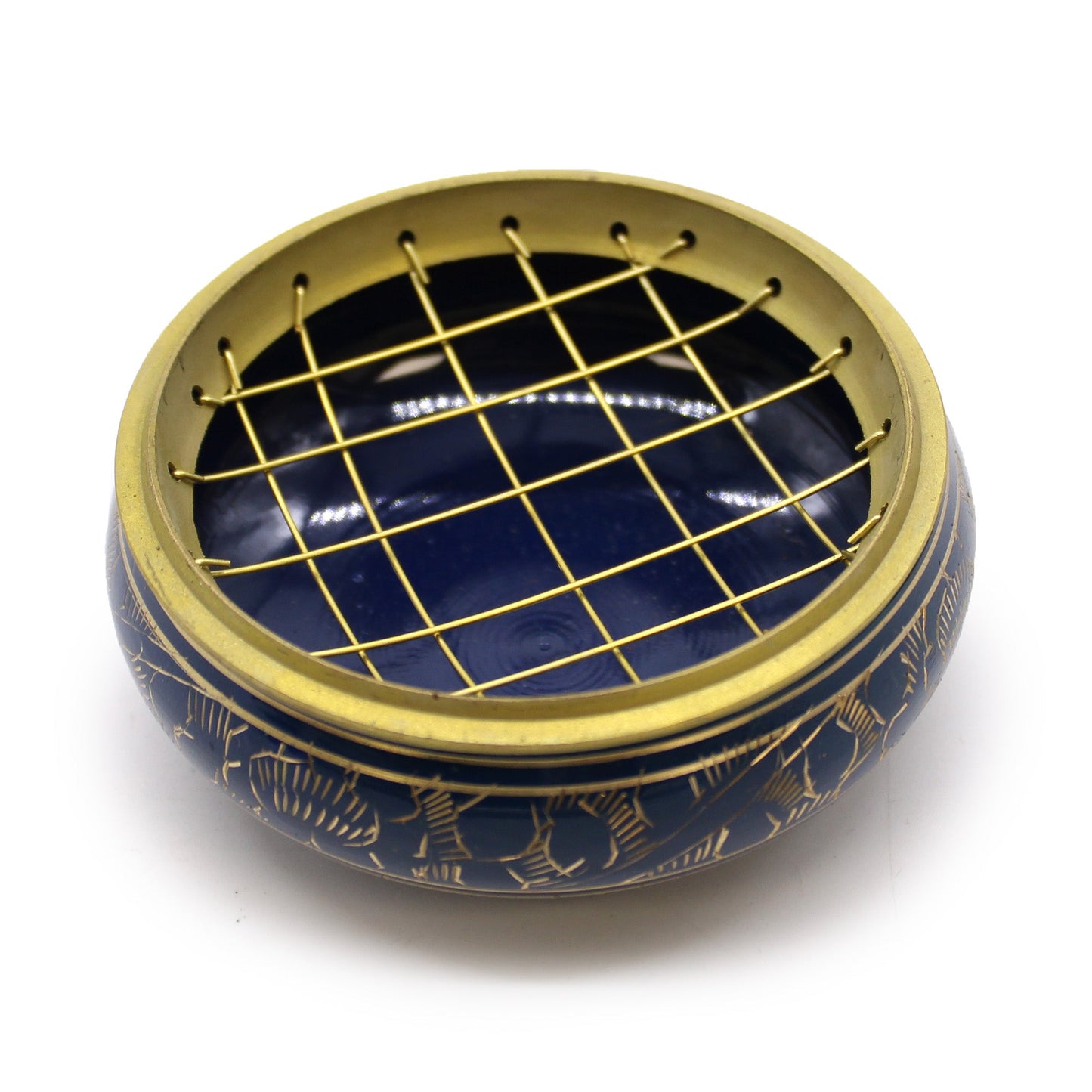 Handmade Brass Charcoal Burner Jar - Throat Chakra with a round navy body, gold decoration and a gold-toned lattice lid by Quintessential Holistic Health Ltd