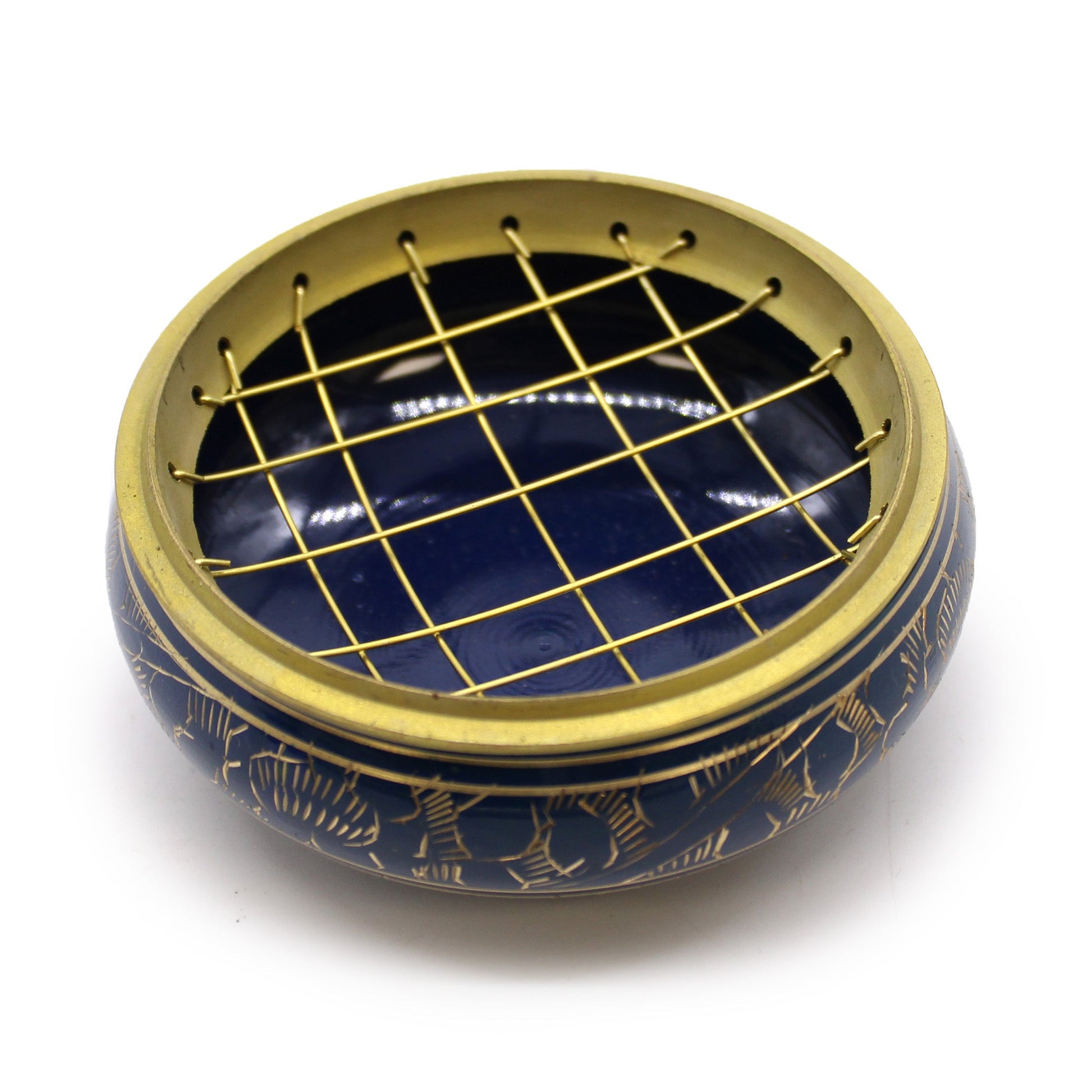 Handmade Brass Charcoal Burner Jar - Throat Chakra with a round navy body, gold decoration and a gold-toned lattice lid by Quintessential Holistic Health Ltd