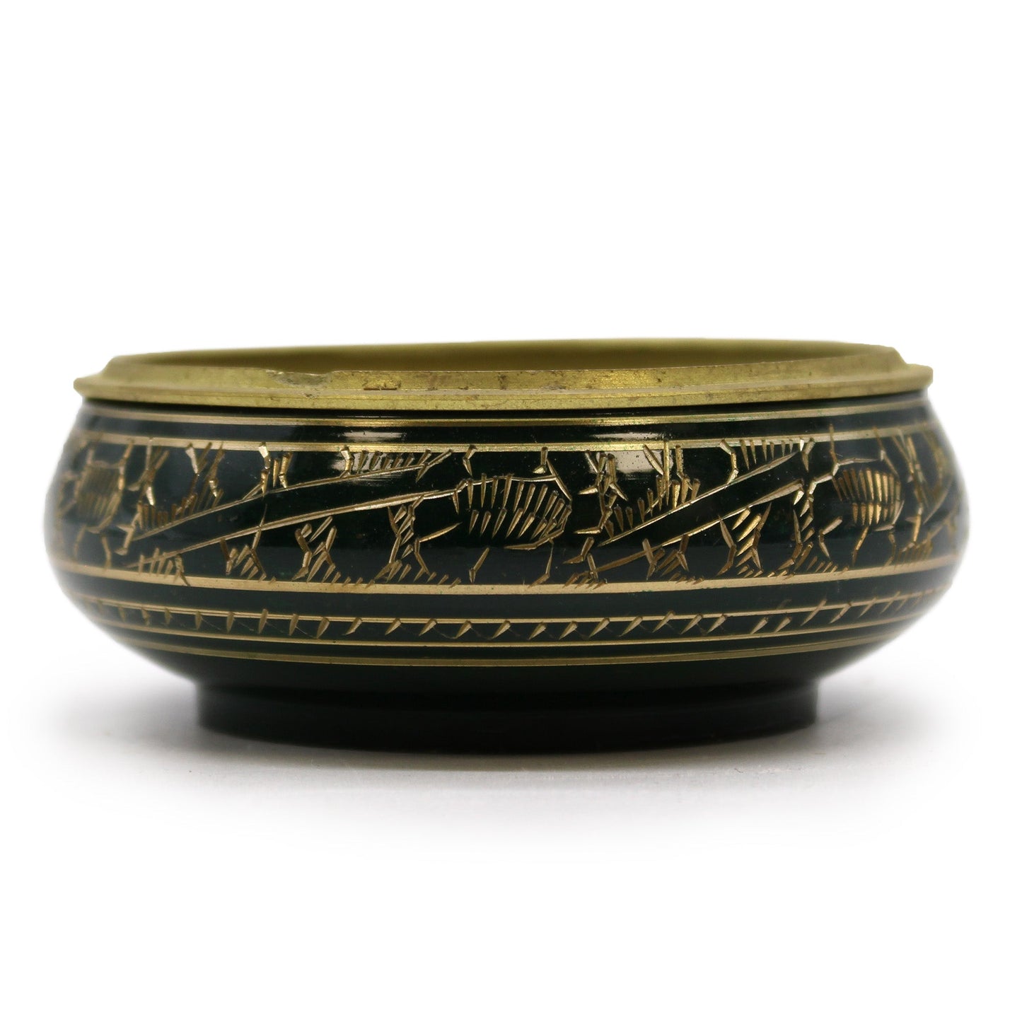 Handmade Brass Charcoal Burner Jar - Heart Chakra, in dark green with gold-toned engraved figures and a solid lid by Quintessential Holistic Health Ltd