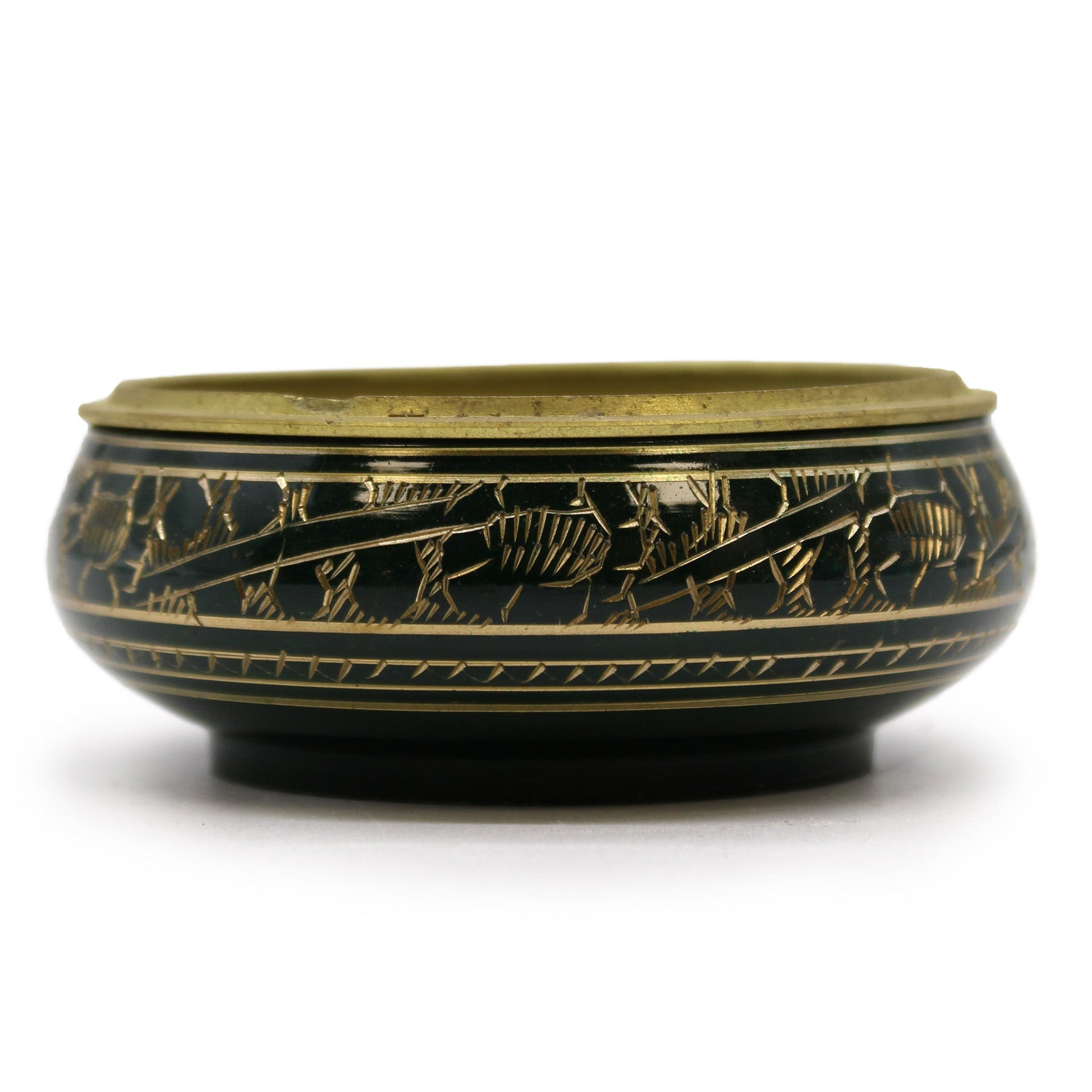 Handmade Brass Charcoal Burner Jar - Heart Chakra, in dark green with gold-toned engraved figures and a solid lid by Quintessential Holistic Health Ltd