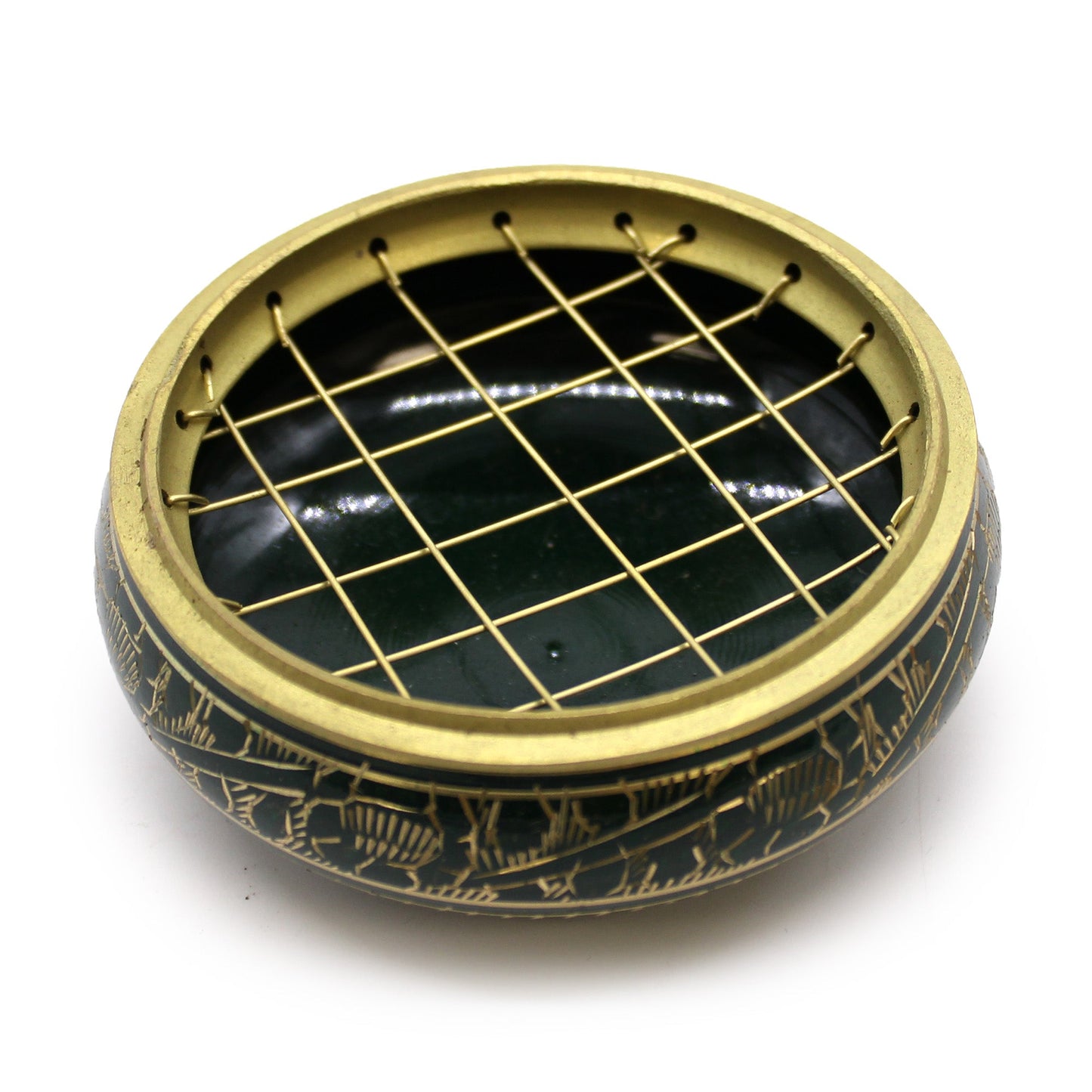 Handmade Brass Charcoal Burner Jar - Heart Chakra, in dark green with a gold-toned crisscross lattice lid by Quintessential Holistic Health Ltd