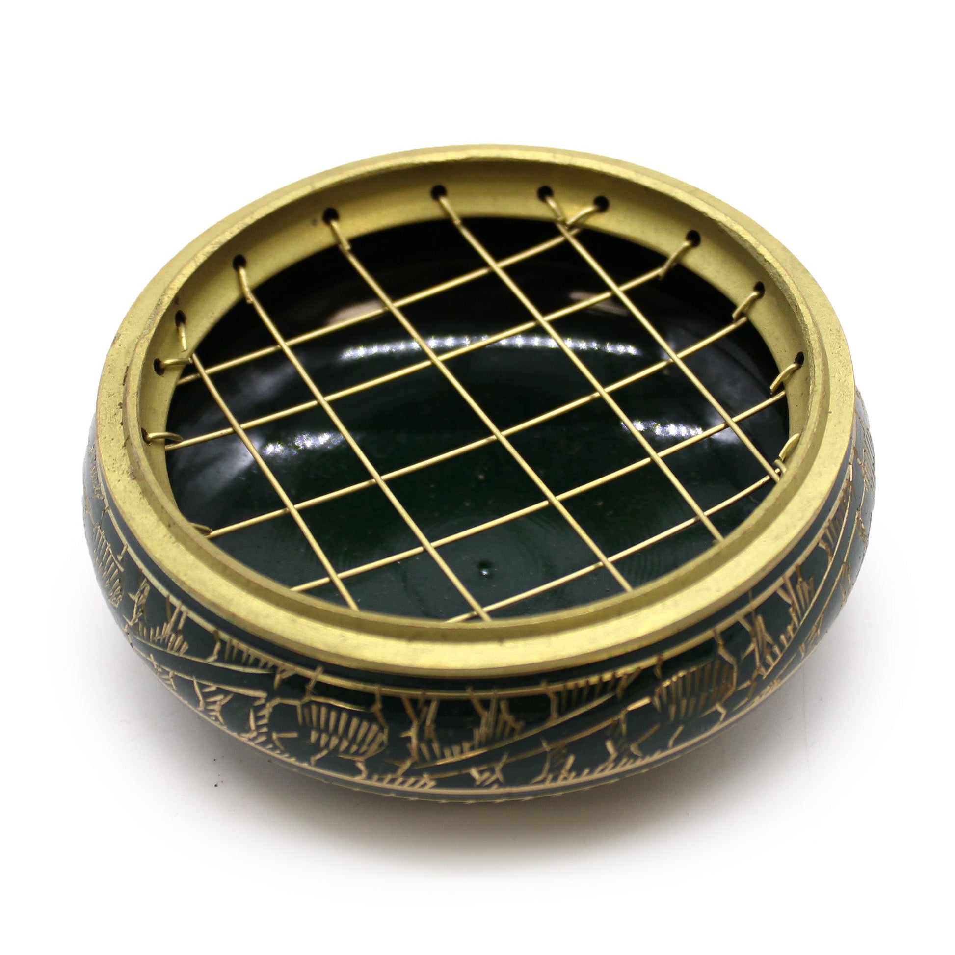 Handmade Brass Charcoal Burner Jar - Heart Chakra, in dark green with a gold-toned crisscross lattice lid by Quintessential Holistic Health Ltd