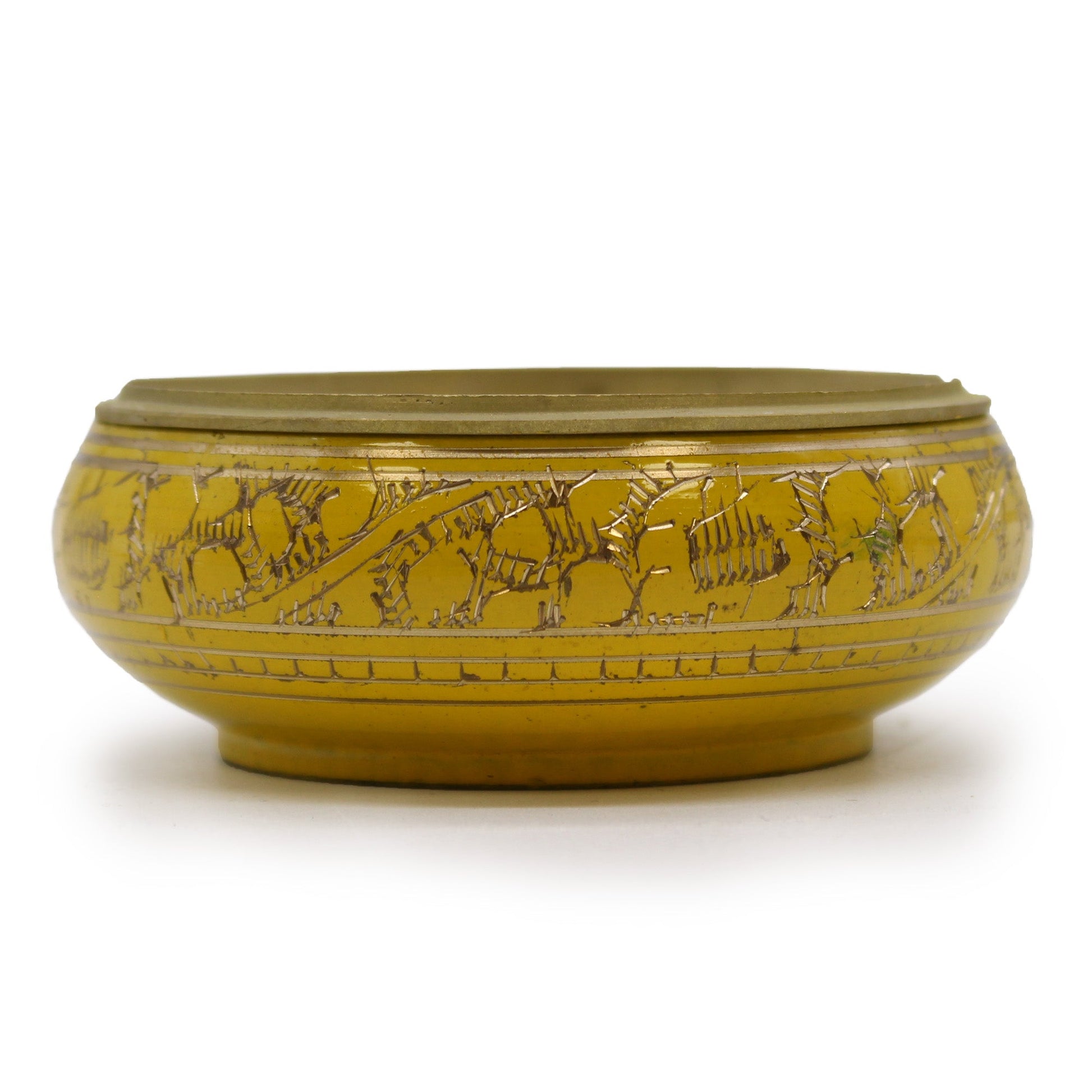 Handmade Brass Charcoal Burner Jar - Solar Plexus Chakra, in yellow with gold-toned engraved figures and a solid lid by Quintessential Holistic Health Ltd
