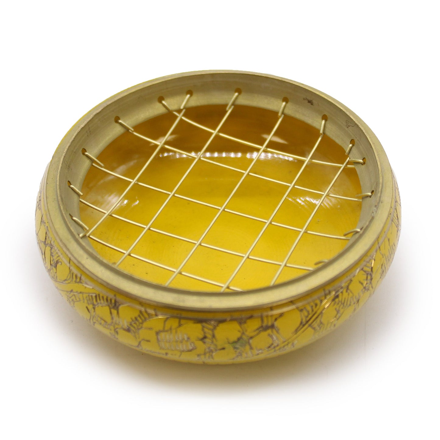 Handmade Brass Charcoal Burner Jar - Solar Plexus Chakra, in yellow with a gold-toned crisscross lattice lid by Quintessential Holistic Health Ltd