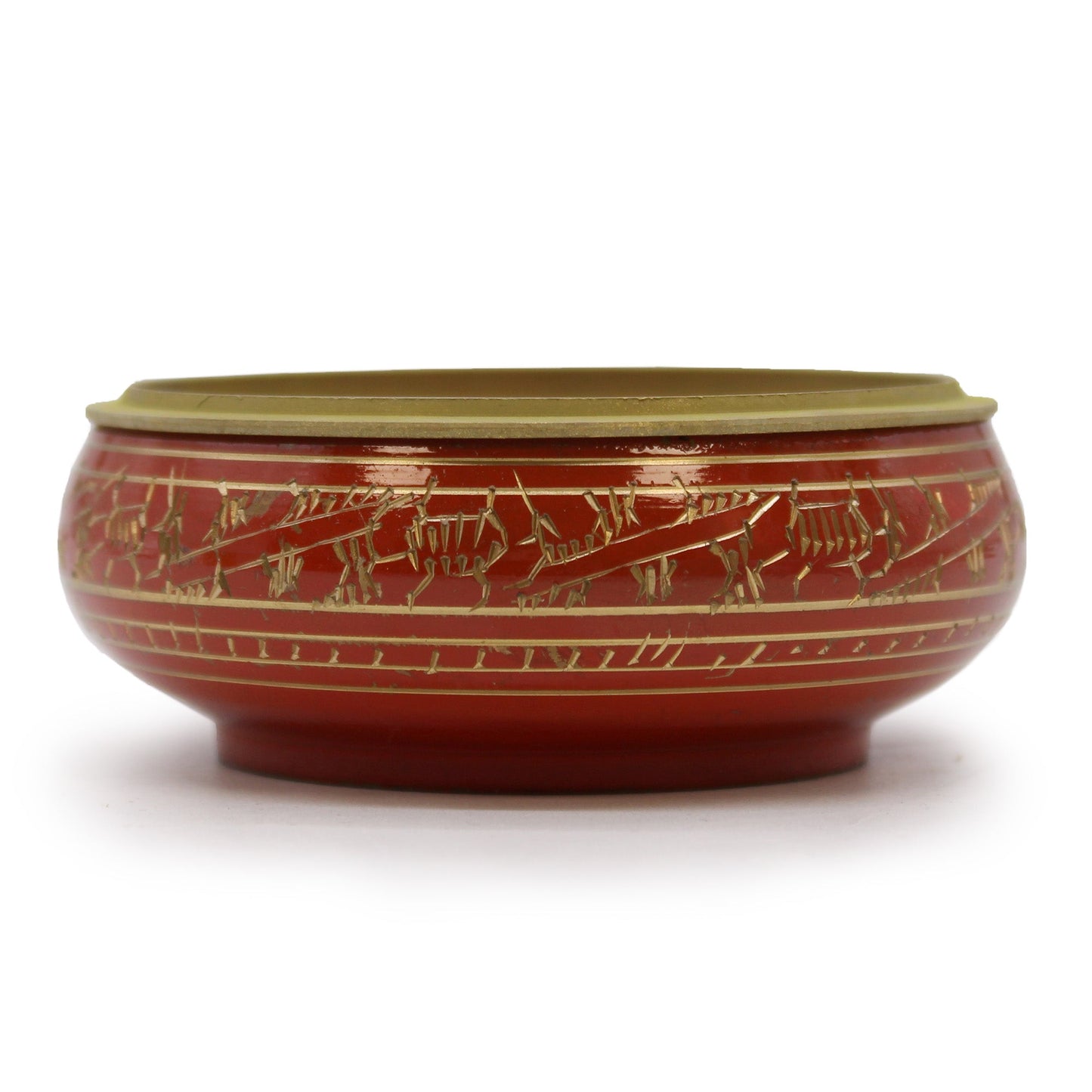 Handmade Brass Charcoal Burner Jar - Sacral Chakra, in red-orange with gold-toned engraved decoration and a solid lid by Quintessential Holistic Health Ltd