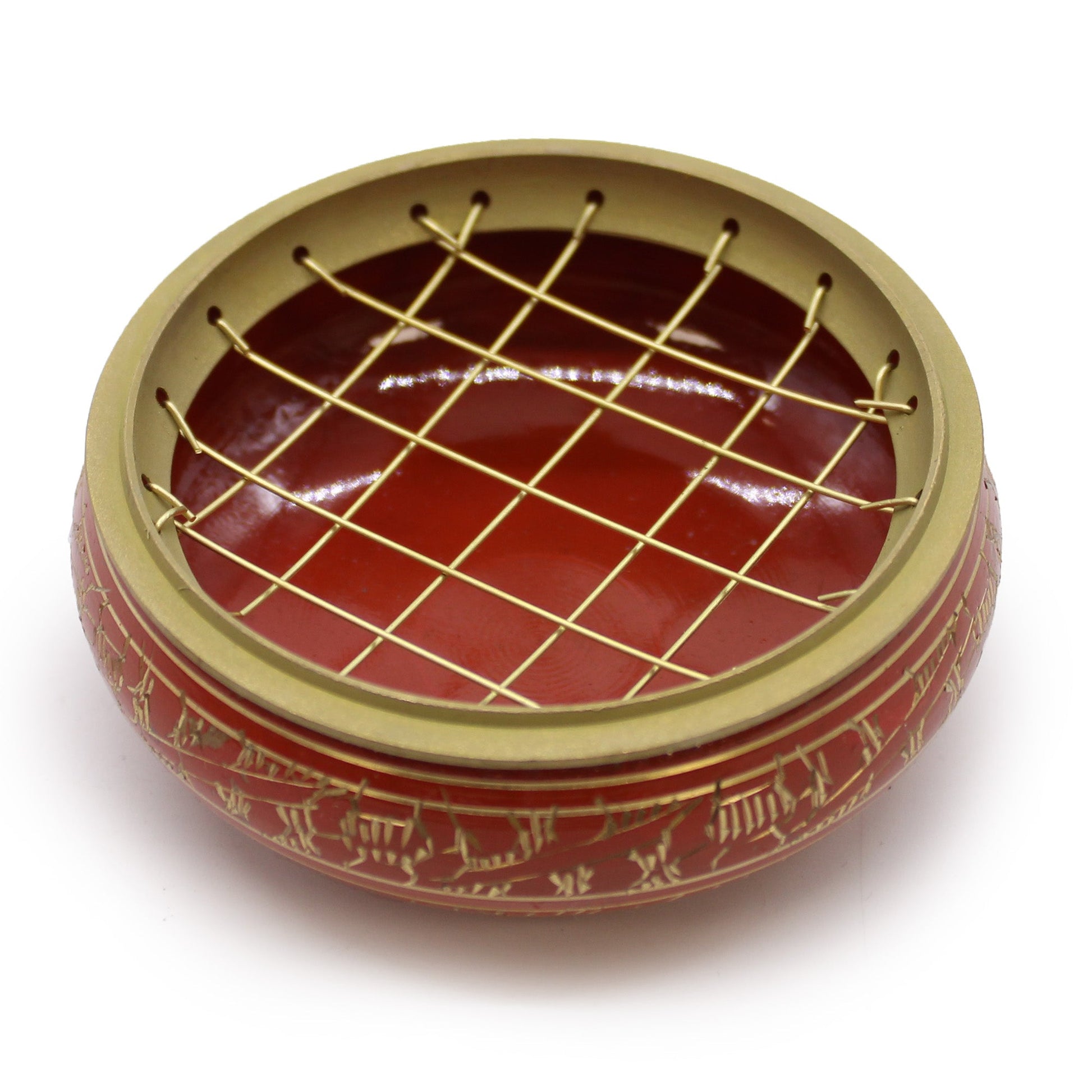 Handmade Brass Charcoal Burner Jar - Sacral Chakra, in red-orange with a gold-toned crisscross lattice lid by Quintessential Holistic Health Ltd