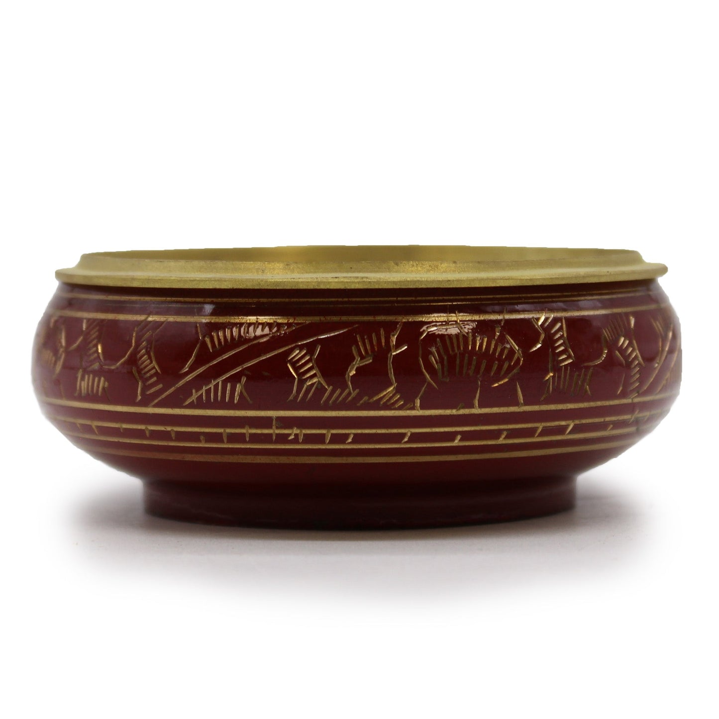 Handmade Brass Charcoal Burner Jar - Root Chakra, in deep red with gold-toned engraved figures and a solid lid by Quintessential Holistic Health Ltd