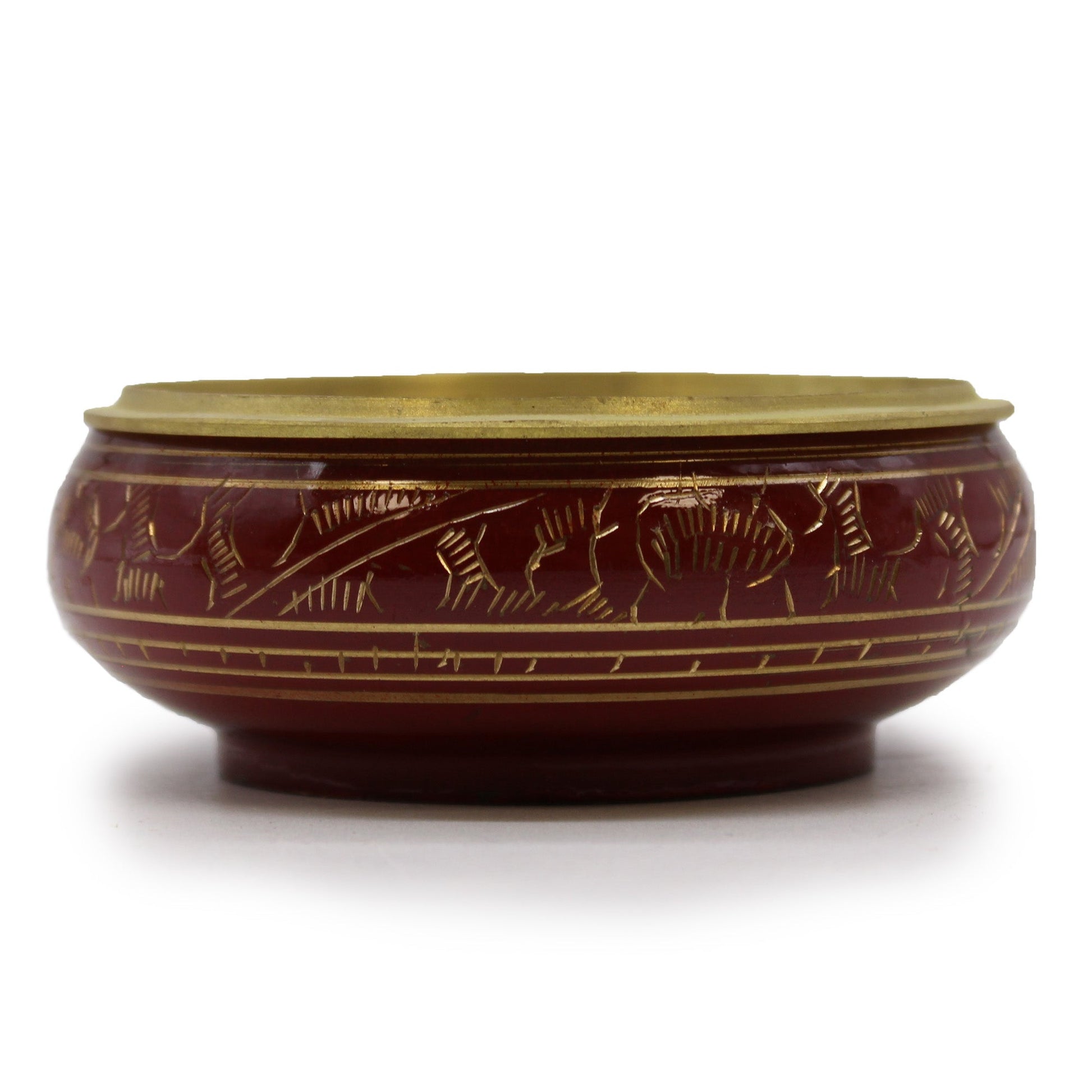 Handmade Brass Charcoal Burner Jar - Root Chakra, in deep red with gold-toned engraved figures and a solid lid by Quintessential Holistic Health Ltd