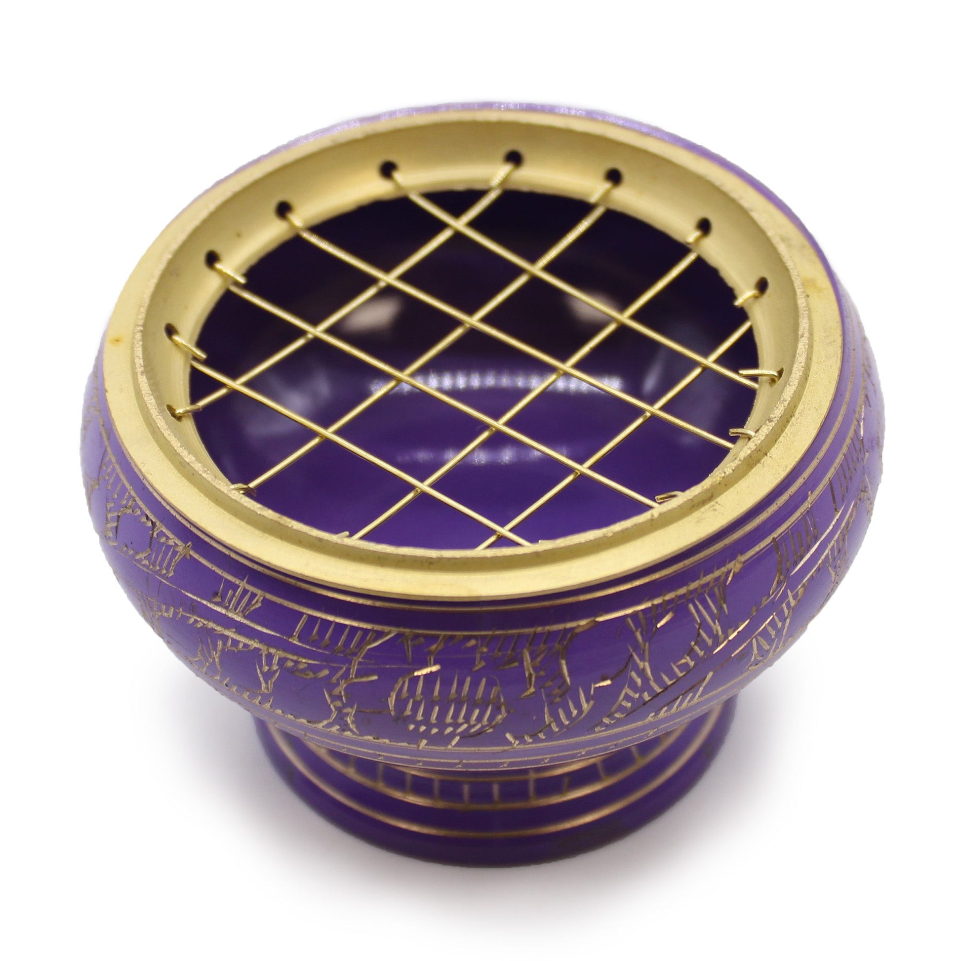 Tall Handmade Brass Charcoal Burner Jar - Crown Chakra, purple rounded bowl with a gold rim and criss-cross lattice top, by Quintessential Holistic Health Ltd