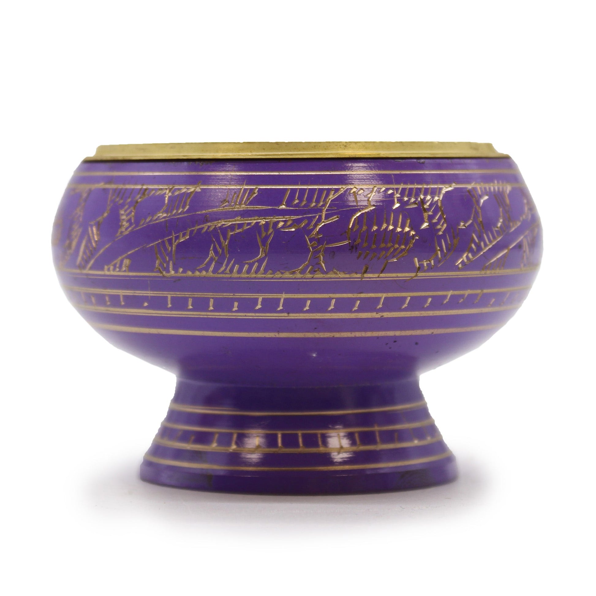 Tall Handmade Brass Charcoal Burner Jar - Crown Chakra, purple bowl with gold bands, etched figures and a pedestal base, by Quintessential Holistic Health Ltd