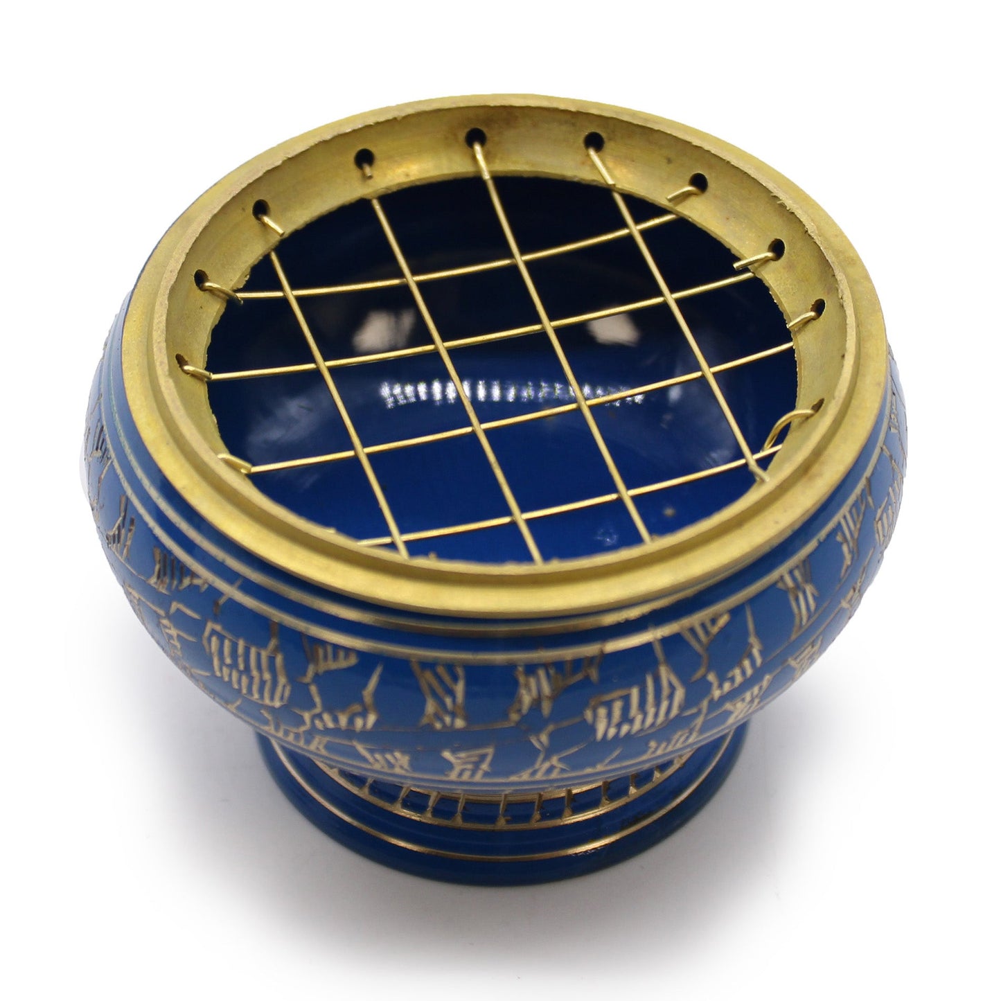 Tall Handmade Brass Charcoal Burner Jar - Third Eye Chakra, blue rounded bowl with a gold rim and square lattice top, by Quintessential Holistic Health Ltd