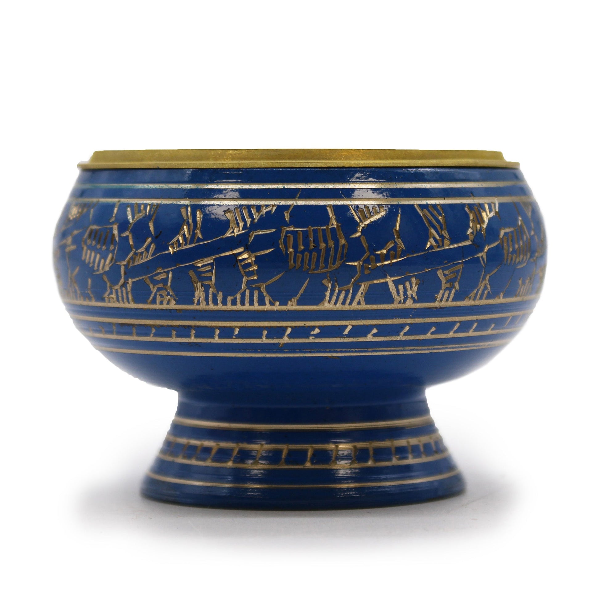 Tall Handmade Brass Charcoal Burner Jar - Third Eye Chakra, blue bowl with gold bands, etched figures and a pedestal base, by Quintessential Holistic Health Ltd
