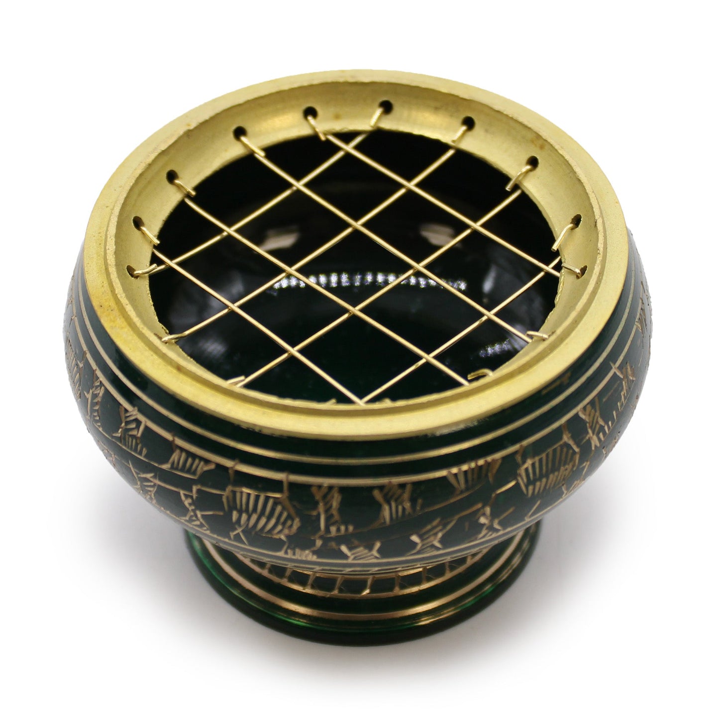 Tall Handmade Brass Charcoal Burner Jar - Heart Chakra, dark green rounded bowl with a gold rim and criss-cross lattice top, by Quintessential Holistic Health Ltd