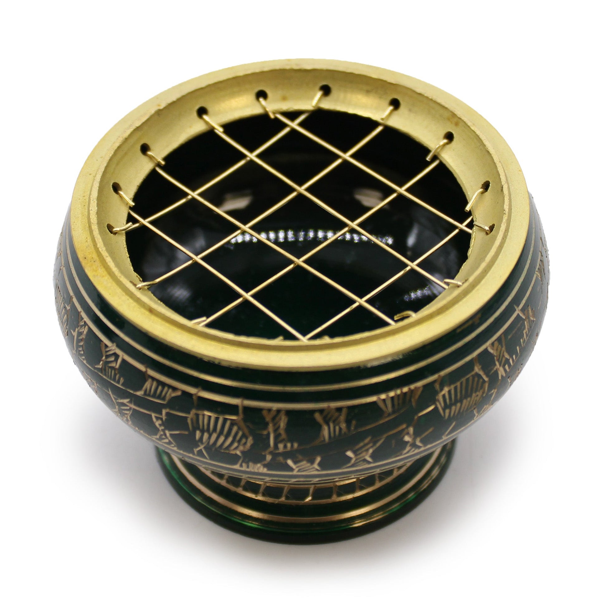 Tall Handmade Brass Charcoal Burner Jar - Heart Chakra, dark green rounded bowl with a gold rim and criss-cross lattice top, by Quintessential Holistic Health Ltd