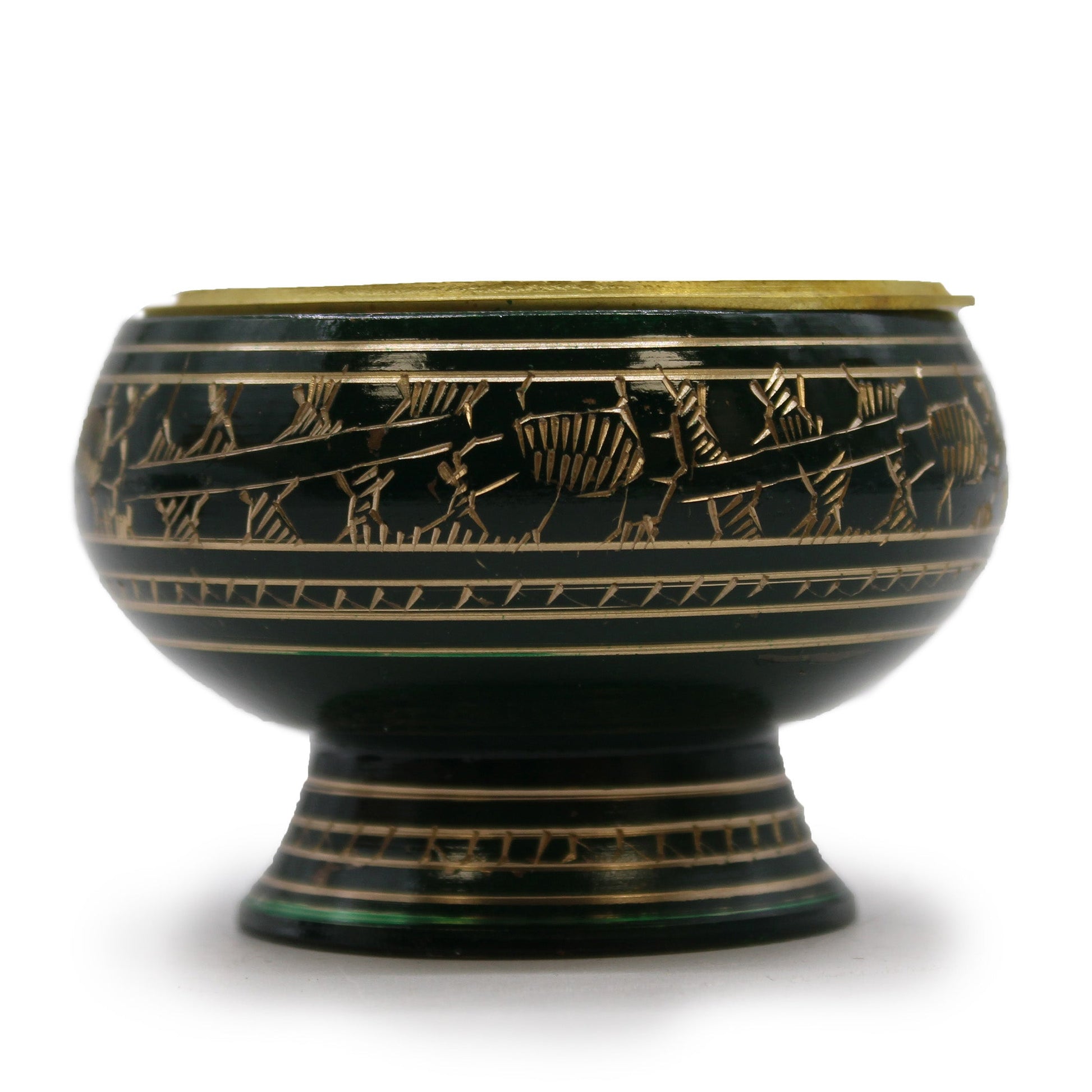 Tall Handmade Brass Charcoal Burner Jar - Heart Chakra, dark green bowl with gold bands, etched figures and a pedestal base, by Quintessential Holistic Health Ltd