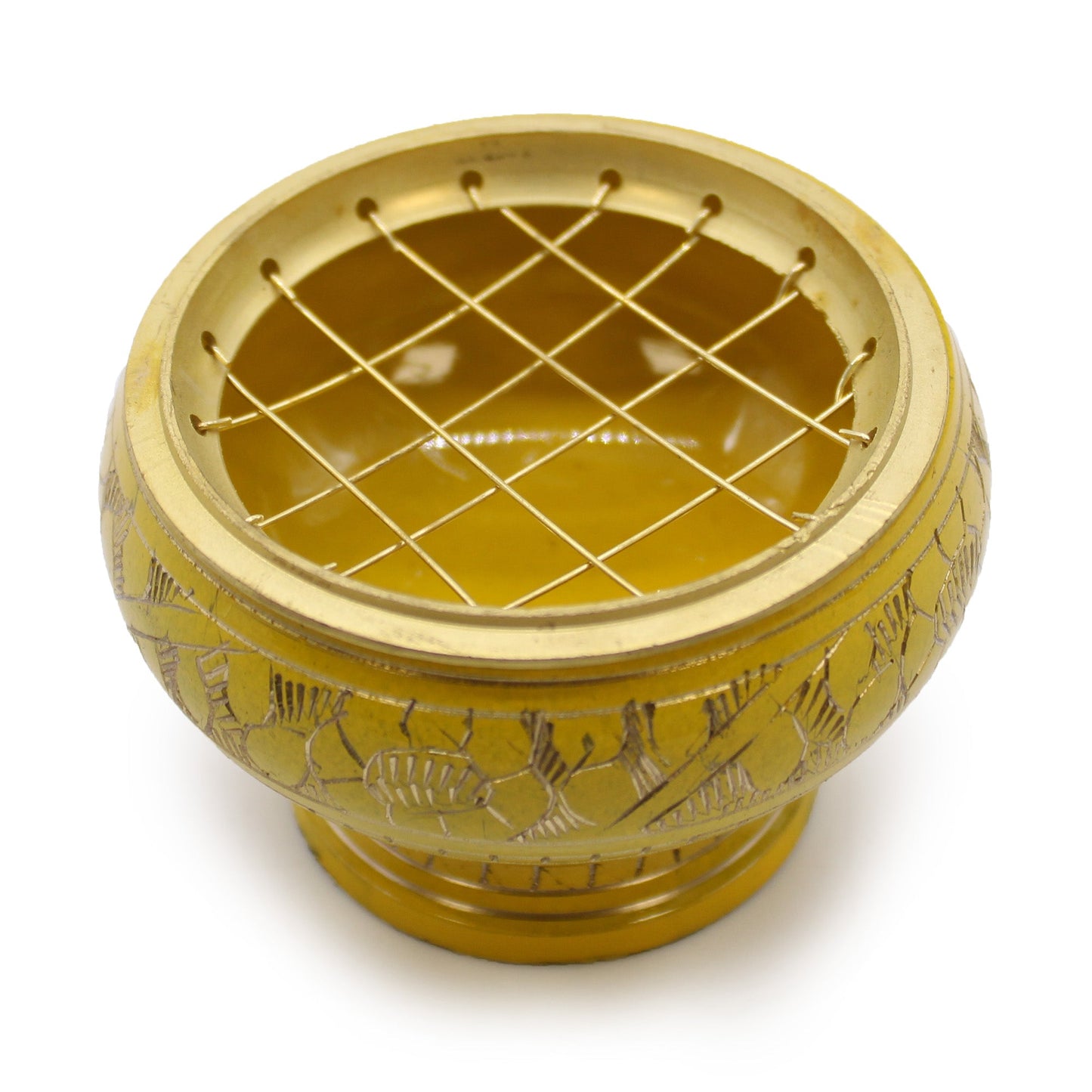 Tall Handmade Brass Charcoal Burner Jar - Solar Plexus Chakra, yellow rounded bowl with a gold rim and criss-cross lattice top, by Quintessential Holistic Health Ltd