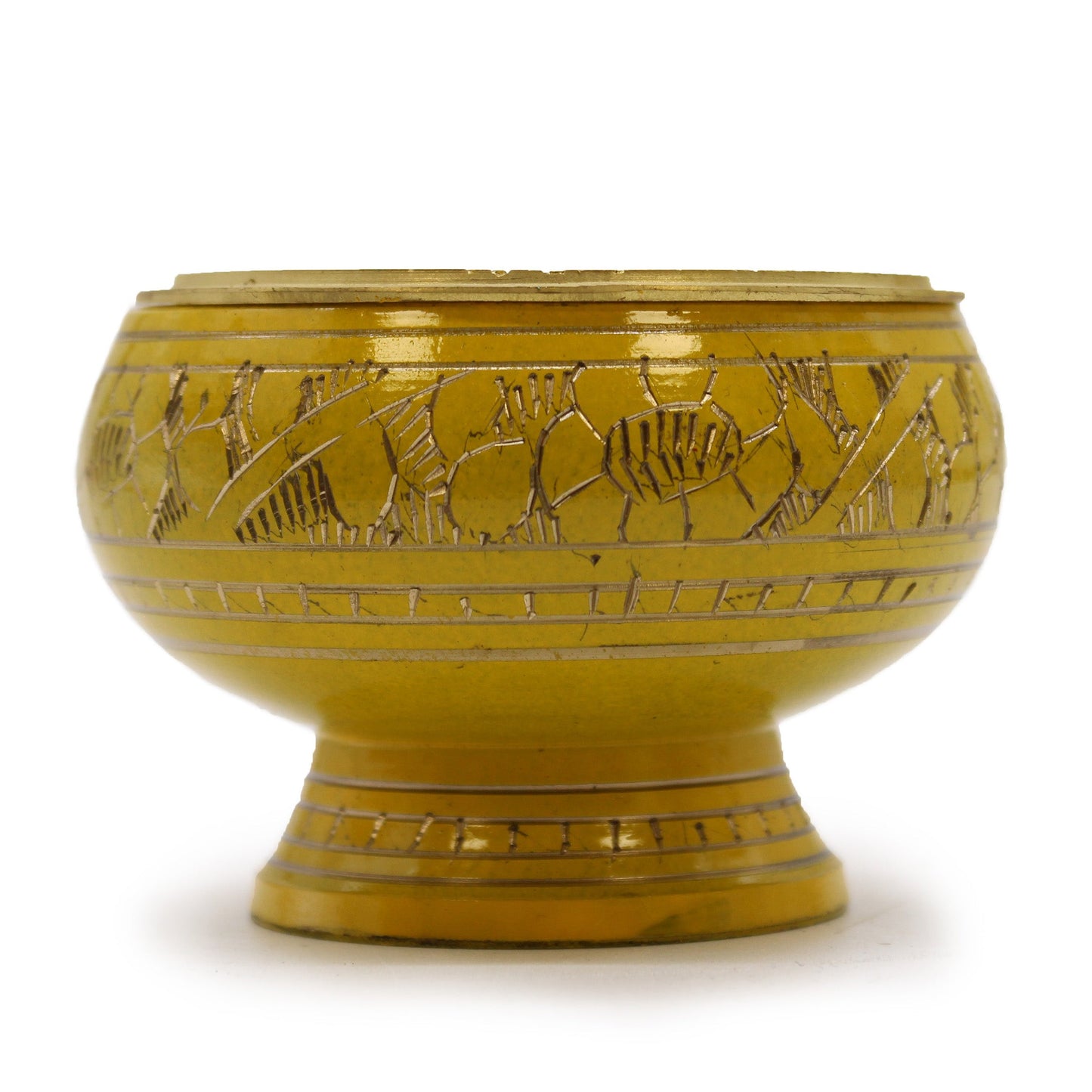 Tall Handmade Brass Charcoal Burner Jar - Solar Plexus Chakra, yellow bowl with gold bands, etched figures and a pedestal base, by Quintessential Holistic Health Ltd