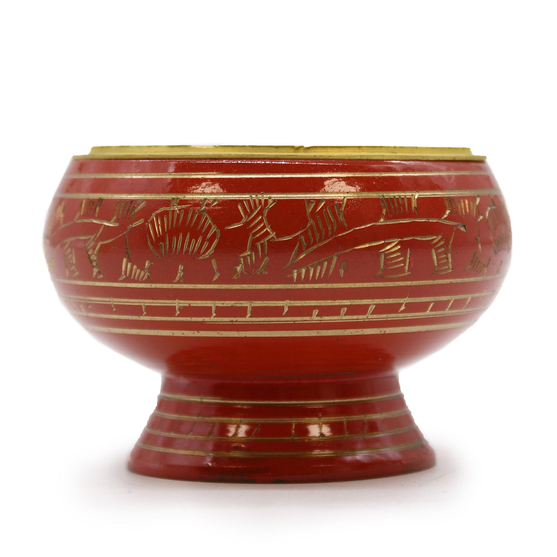 Tall Brass Charcoal Incense Jar - Sacral Chakra, red bowl with gold bands, etched figures and a pedestal base, by Quintessential Holistic Health Ltd