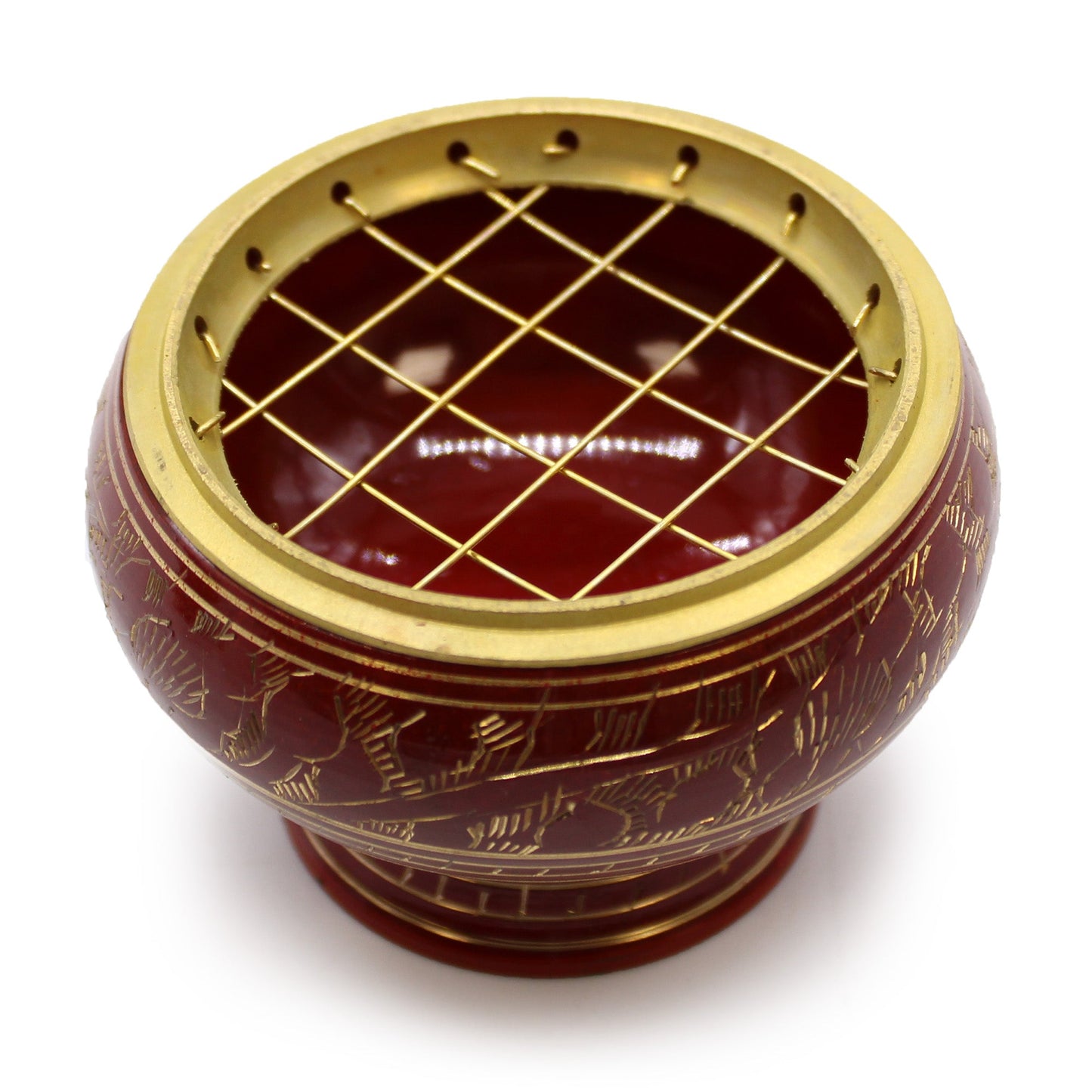 Tall Handmade Brass Charcoal Burner Jar - Root Chakra, deep red rounded bowl with a gold rim and criss-cross lattice top, by Quintessential Holistic Health Ltd