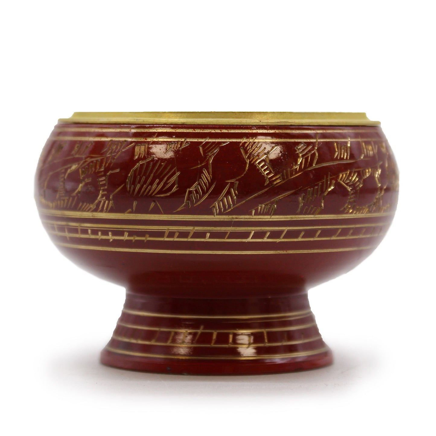 Tall Handmade Brass Charcoal Burner Jar - Root Chakra, deep red bowl with gold bands, etched figures and a pedestal base, by Quintessential Holistic Health Ltd
