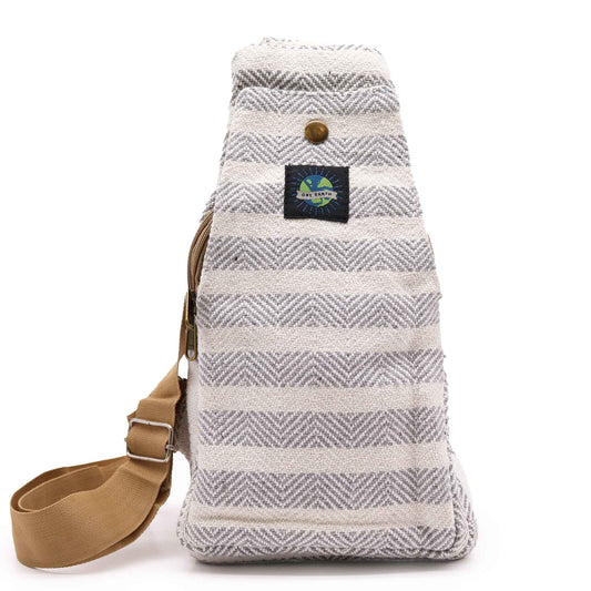 Striped Spacious and Stylish Natural Cotton Cross-Body Bag - Grey and White product packaging on clean background from Quintessential Holistic Health Ltd