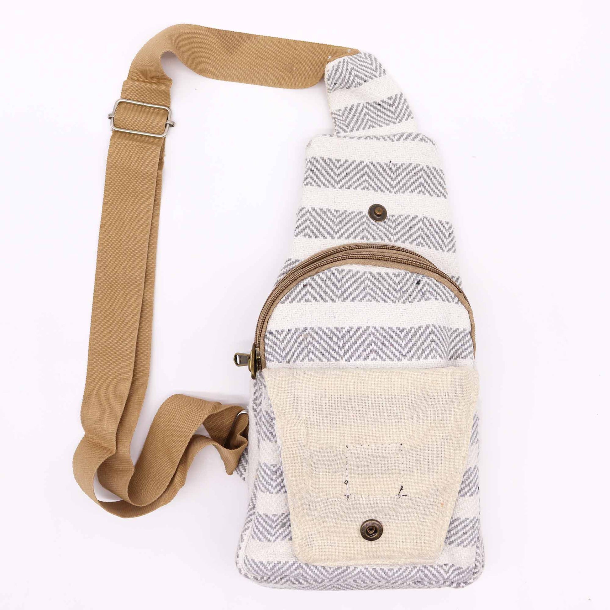 Striped Spacious and Stylish Natural Cotton Cross-Body Bag - Grey and White product packaging on clean background from Quintessential Holistic Health Ltd
