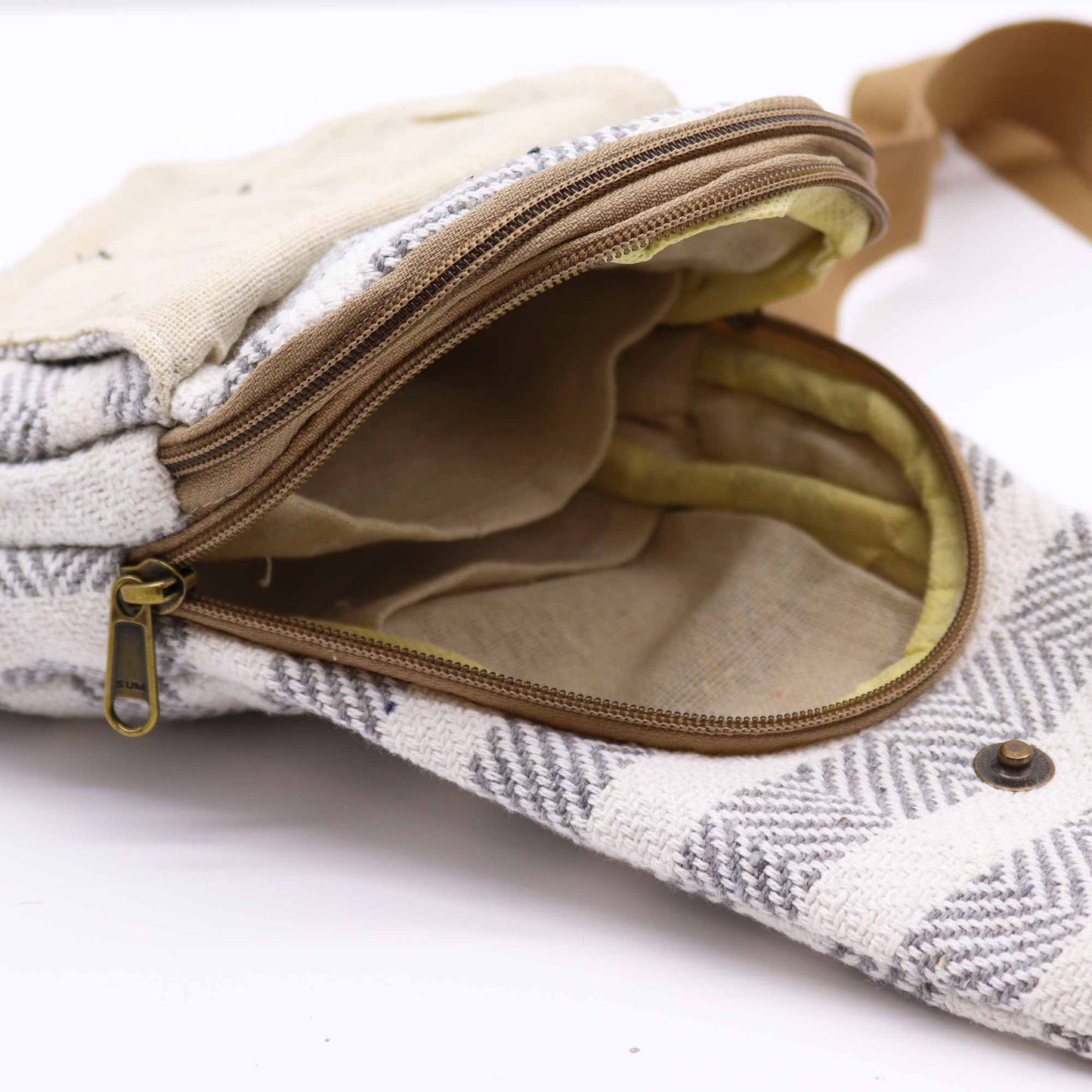 Striped Spacious and Stylish Natural Cotton Cross-Body Bag - Grey and White product packaging on clean background from Quintessential Holistic Health Ltd