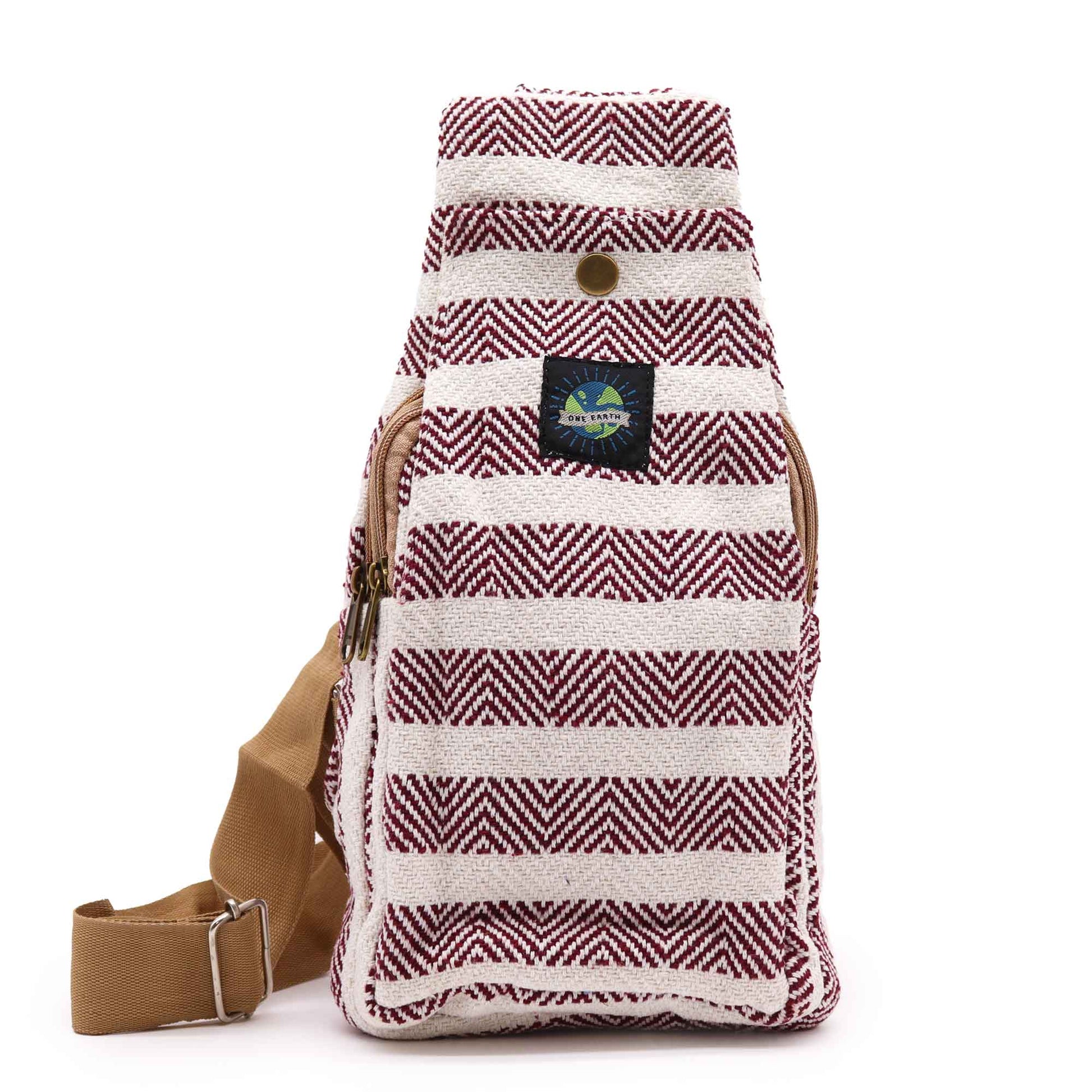 Striped Spacious and Stylish Natural Cotton Cross-Body Bag - Burgundy and White product packaging on clean background from Quintessential Holistic Health Ltd