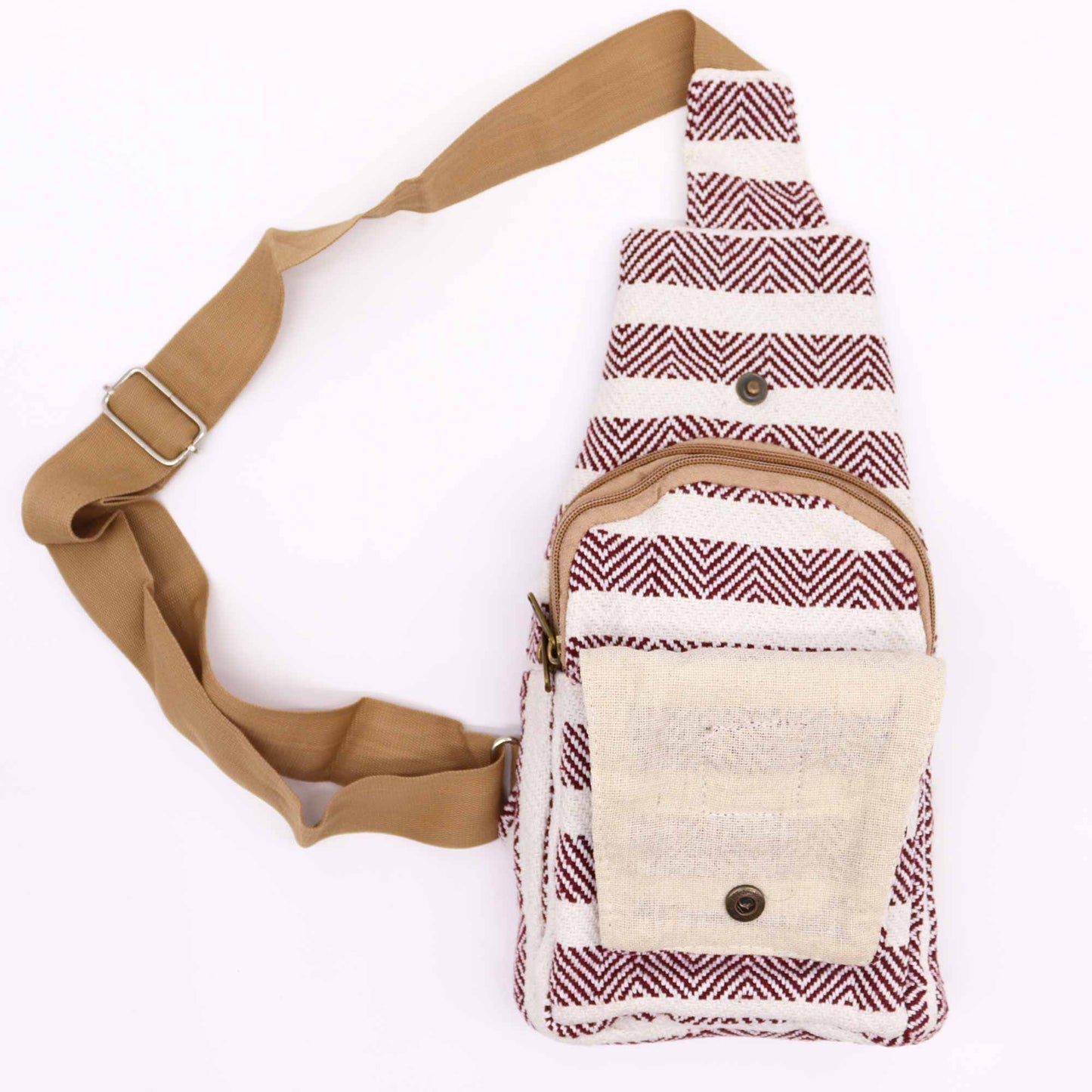 Striped Spacious and Stylish Natural Cotton Cross-Body Bag - Burgundy and White product packaging on clean background from Quintessential Holistic Health Ltd