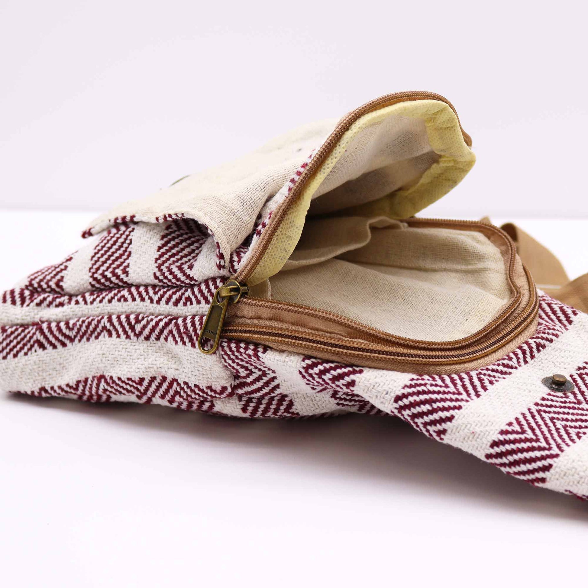 Striped Spacious and Stylish Natural Cotton Cross-Body Bag - Burgundy and White product packaging on clean background from Quintessential Holistic Health Ltd