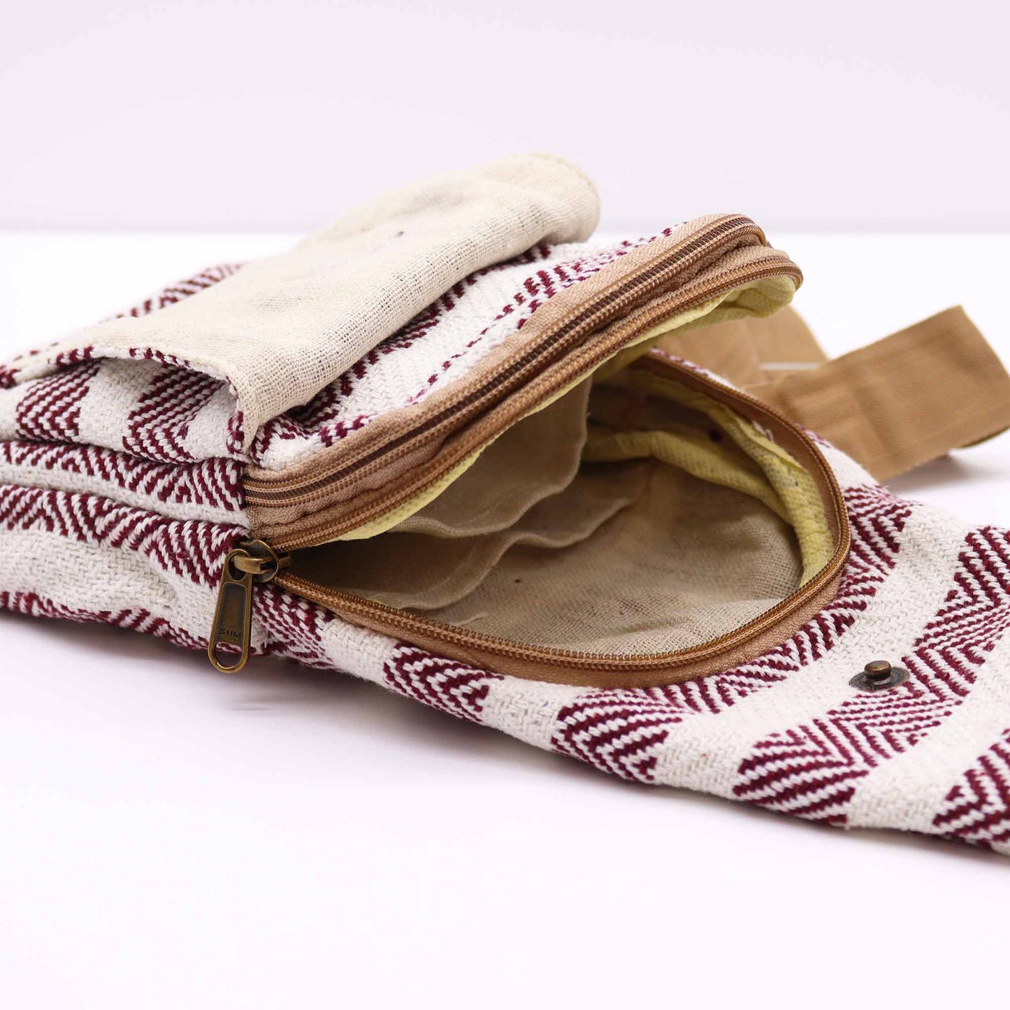 Striped Spacious and Stylish Natural Cotton Cross-Body Bag - Burgundy and White product packaging on clean background from Quintessential Holistic Health Ltd