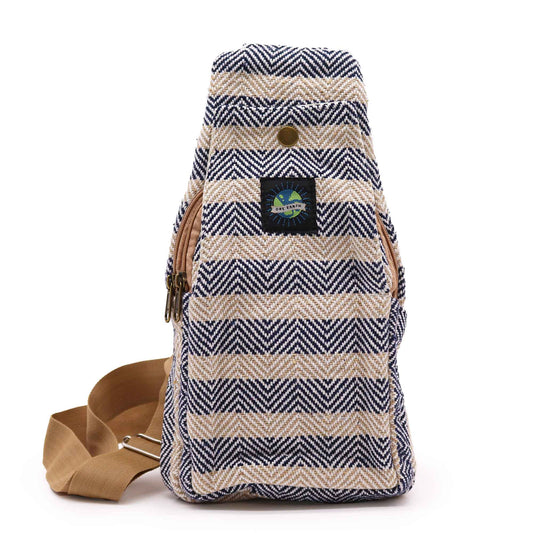 Striped Spacious and Stylish Natural Cotton Cross-Body Bag - Navy Blue and Beige product packaging on clean background from Quintessential Holistic Health Ltd
