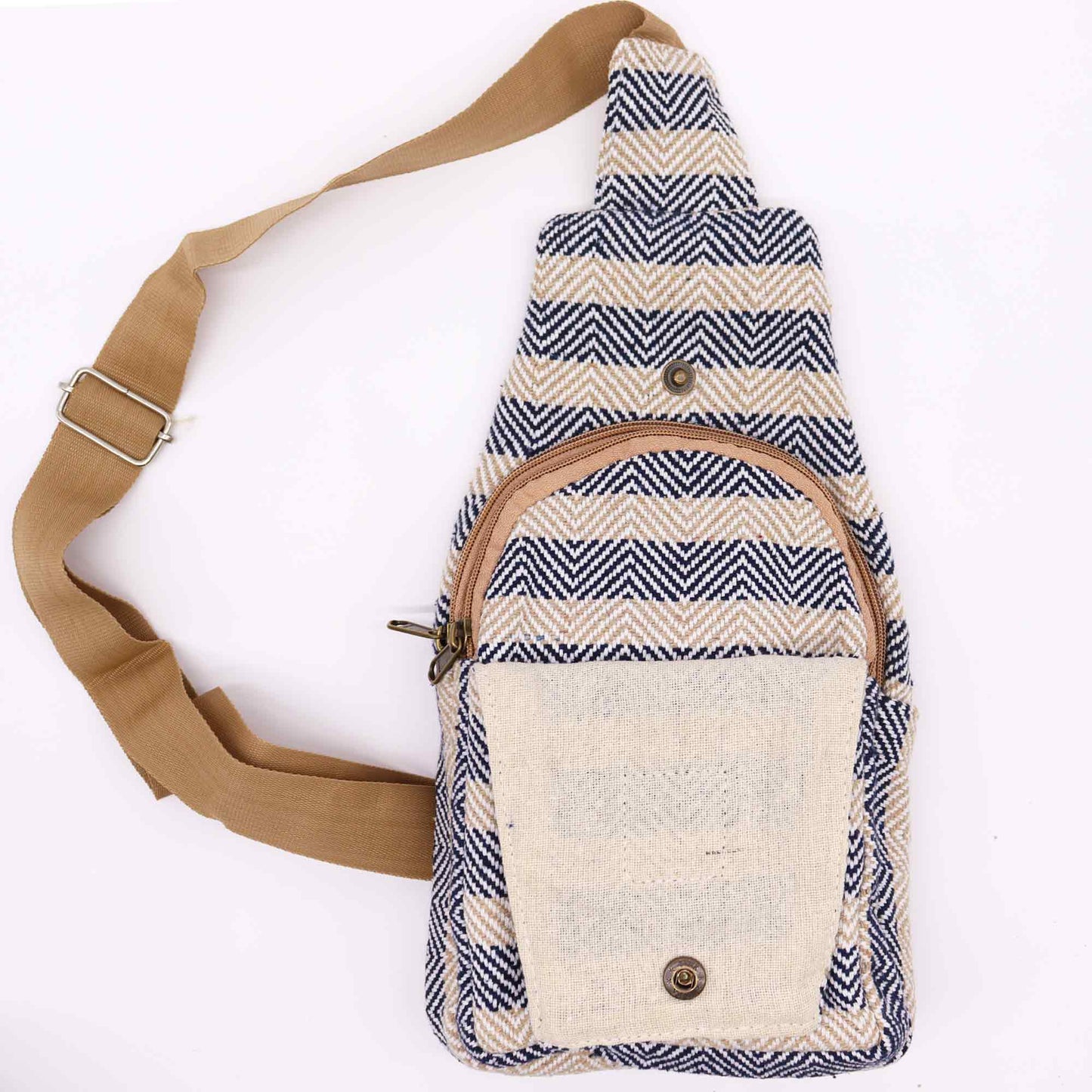 Striped Spacious and Stylish Natural Cotton Cross-Body Bag - Navy Blue and Beige product packaging on clean background from Quintessential Holistic Health Ltd