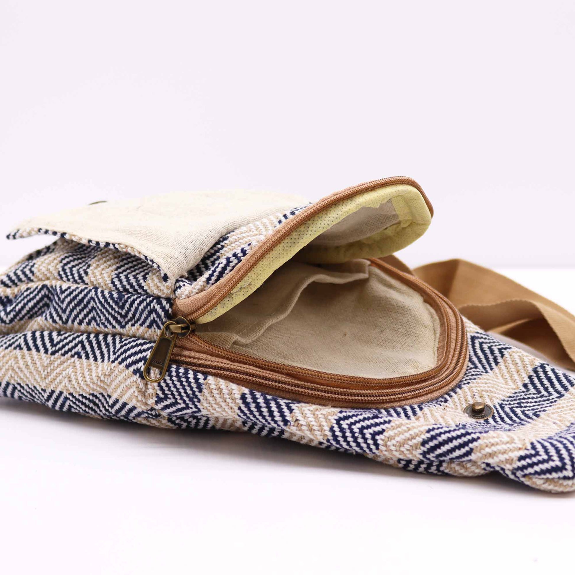 Striped Spacious and Stylish Natural Cotton Cross-Body Bag - Navy Blue and Beige product packaging on clean background from Quintessential Holistic Health Ltd