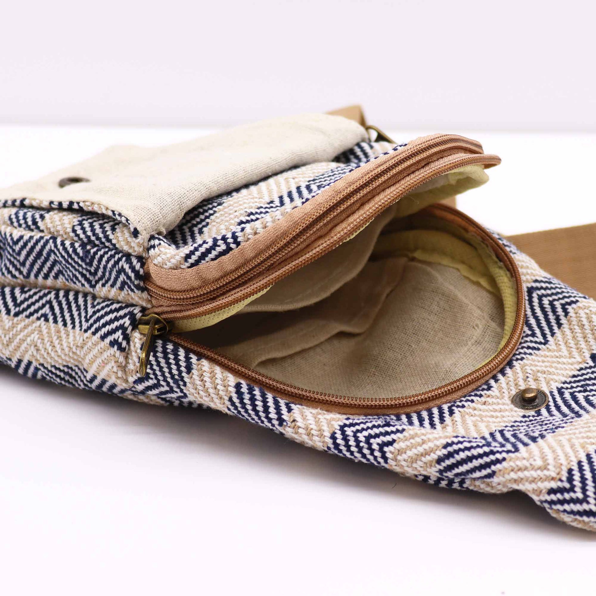 Striped Spacious and Stylish Natural Cotton Cross-Body Bag - Navy Blue and Beige product packaging on clean background from Quintessential Holistic Health Ltd
