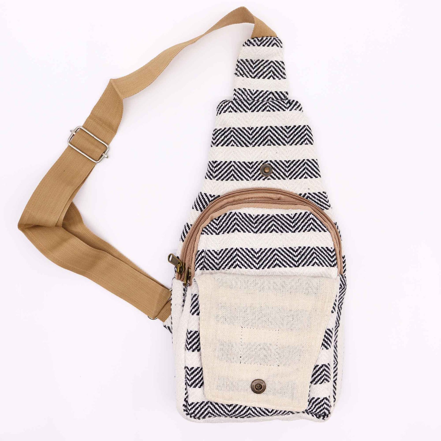 Striped Spacious and Stylish Natural Cotton Cross-Body Bag - Black and White product packaging on clean background from Quintessential Holistic Health Ltd