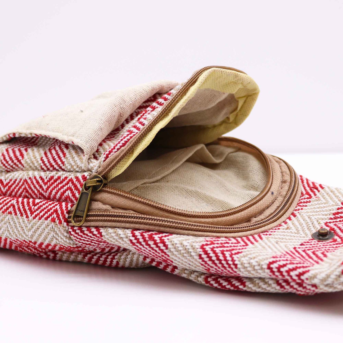 Striped Spacious and Stylish Natural Cotton Cross-Body Bag - Pink and Beige product packaging on clean background from Quintessential Holistic Health Ltd