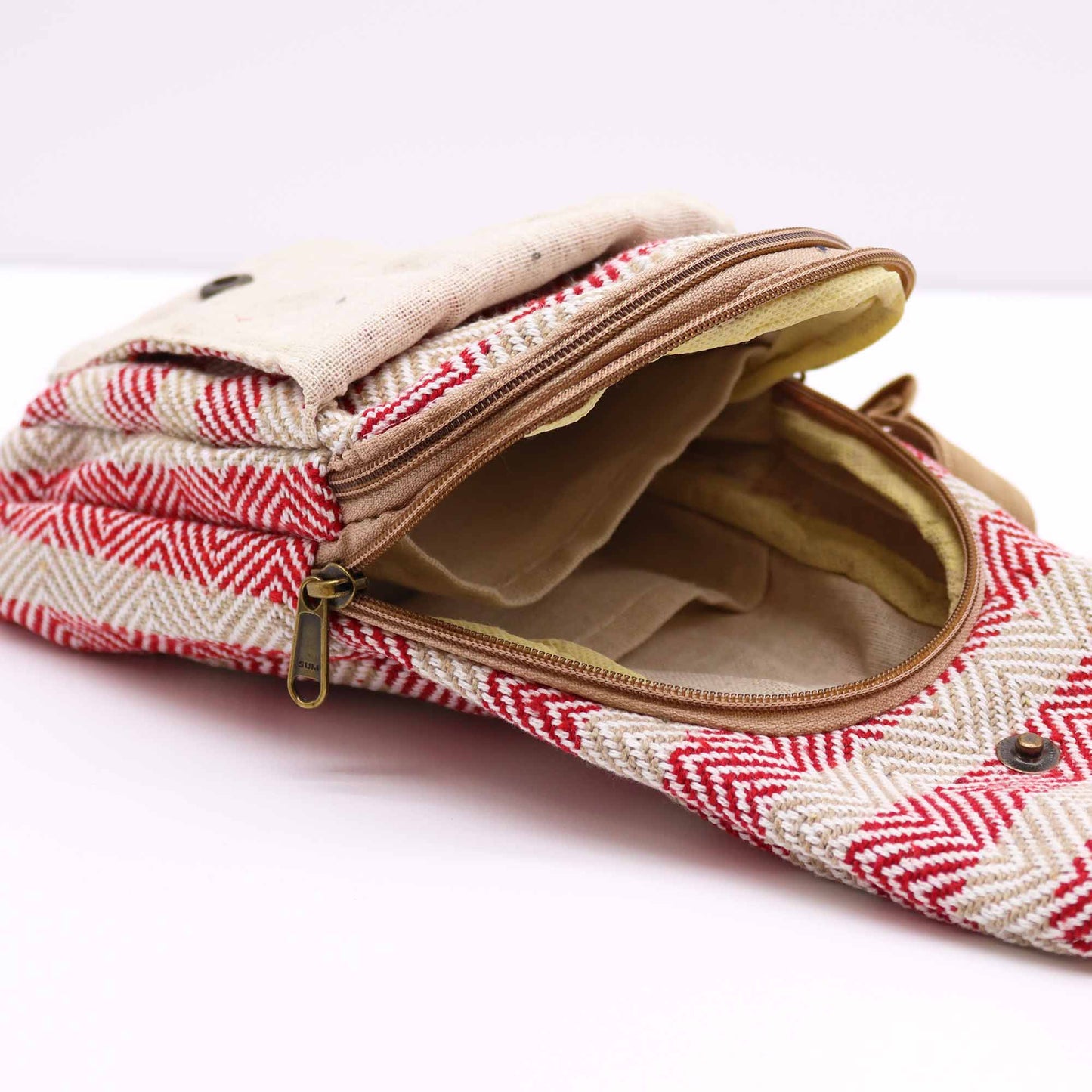 Striped Spacious and Stylish Natural Cotton Cross-Body Bag - Pink and Beige product packaging on clean background from Quintessential Holistic Health Ltd