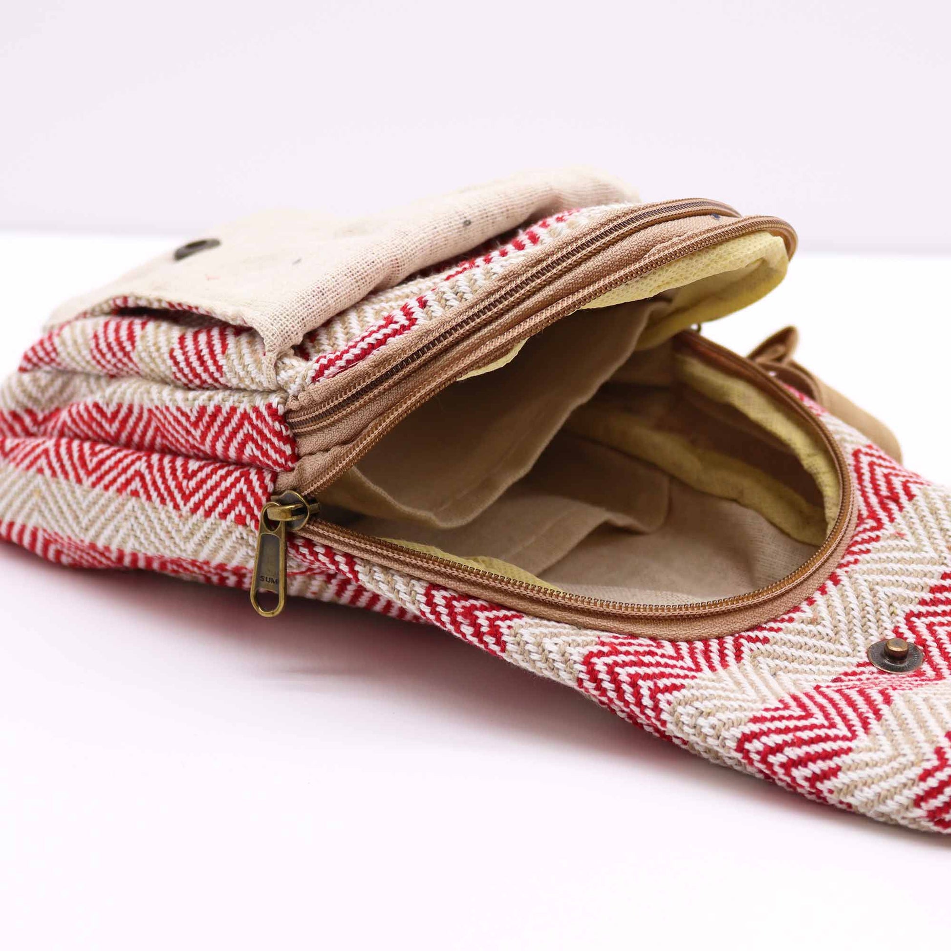 Striped Spacious and Stylish Natural Cotton Cross-Body Bag - Pink and Beige product packaging on clean background from Quintessential Holistic Health Ltd