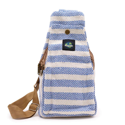 Striped Spacious and Stylish Natural Cotton Cross-Body Bag - Light Blue and White product packaging on clean background from Quintessential Holistic Health Ltd