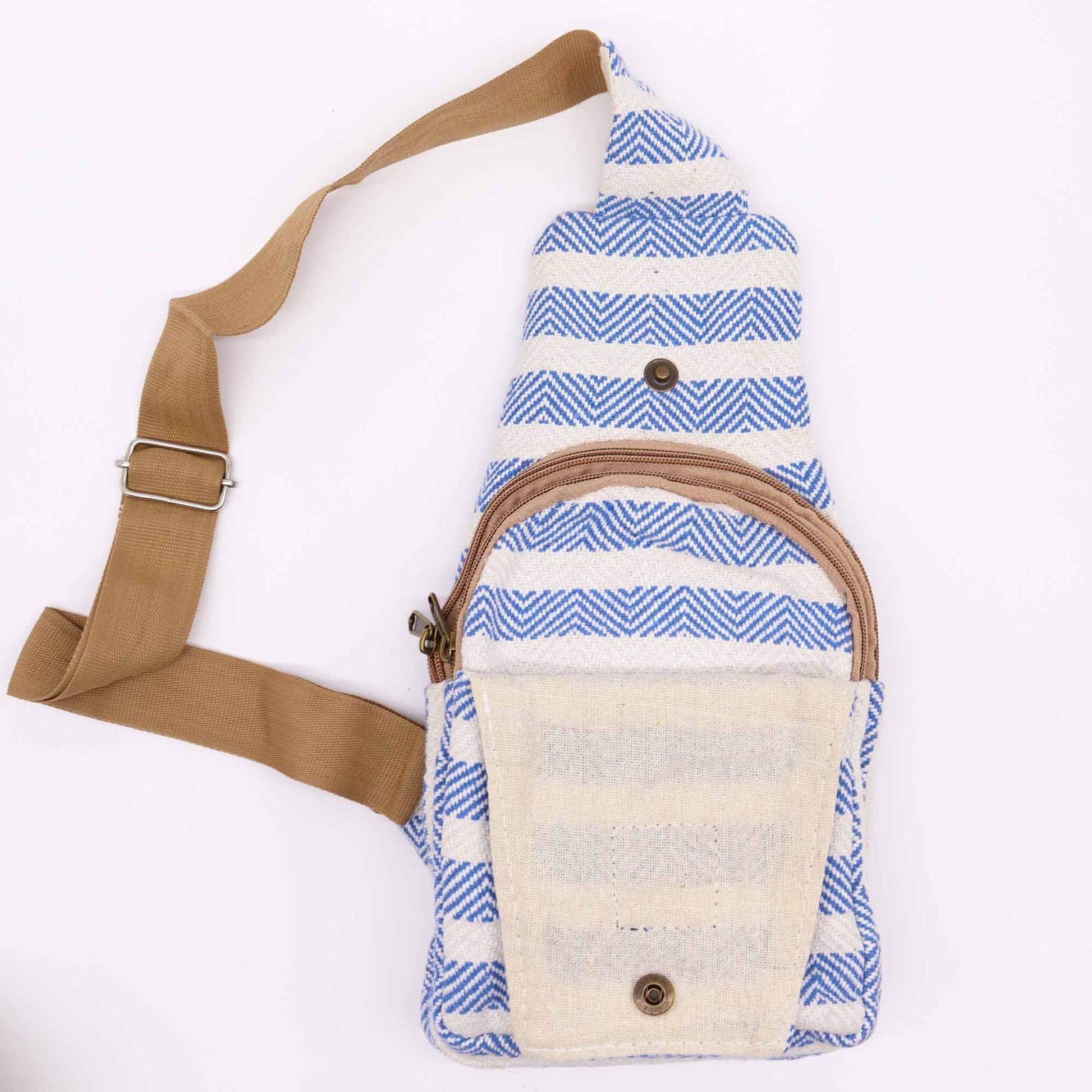 Striped Spacious and Stylish Natural Cotton Cross-Body Bag - Light Blue and White product packaging on clean background from Quintessential Holistic Health Ltd