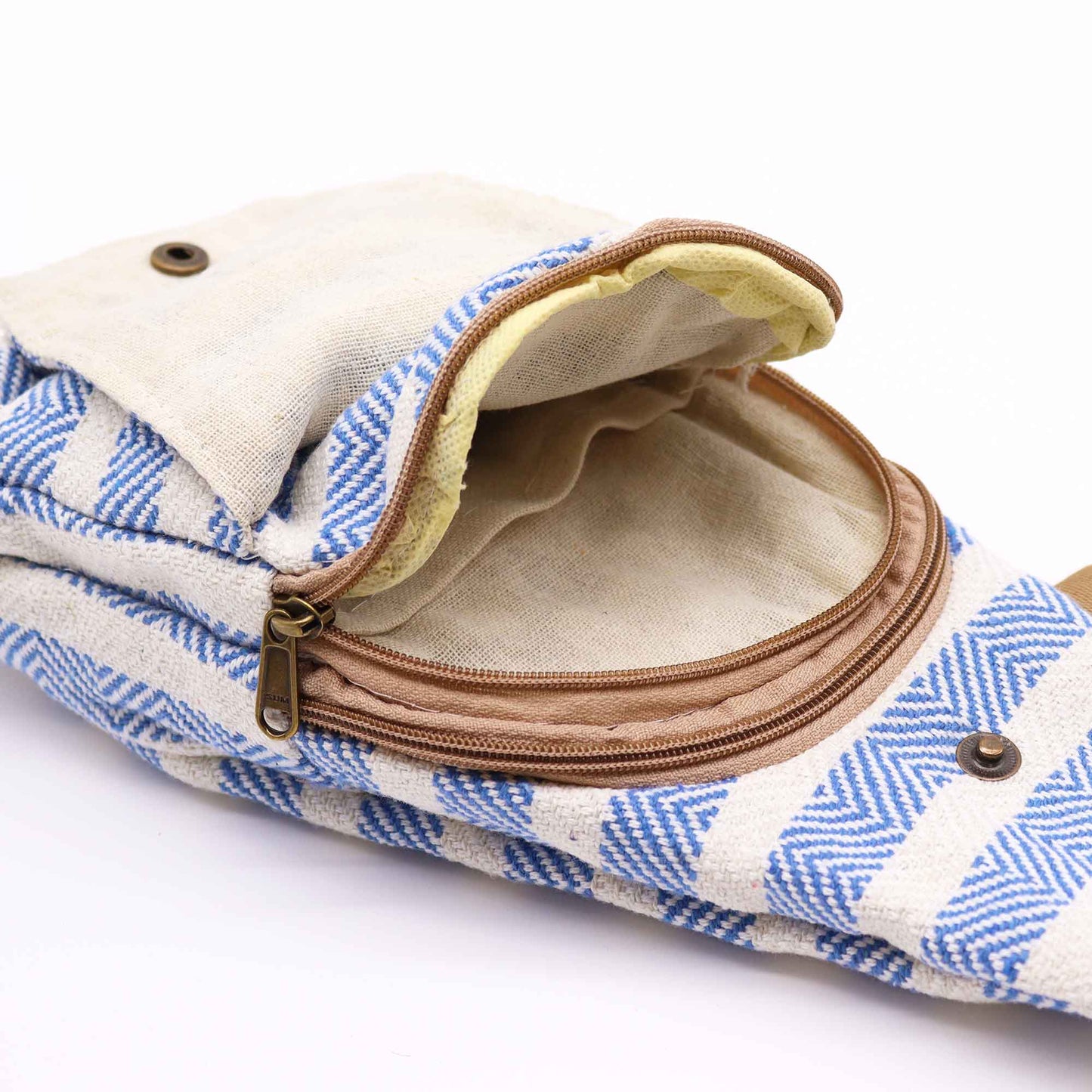 Striped Spacious and Stylish Natural Cotton Cross-Body Bag - Light Blue and White product packaging on clean background from Quintessential Holistic Health Ltd