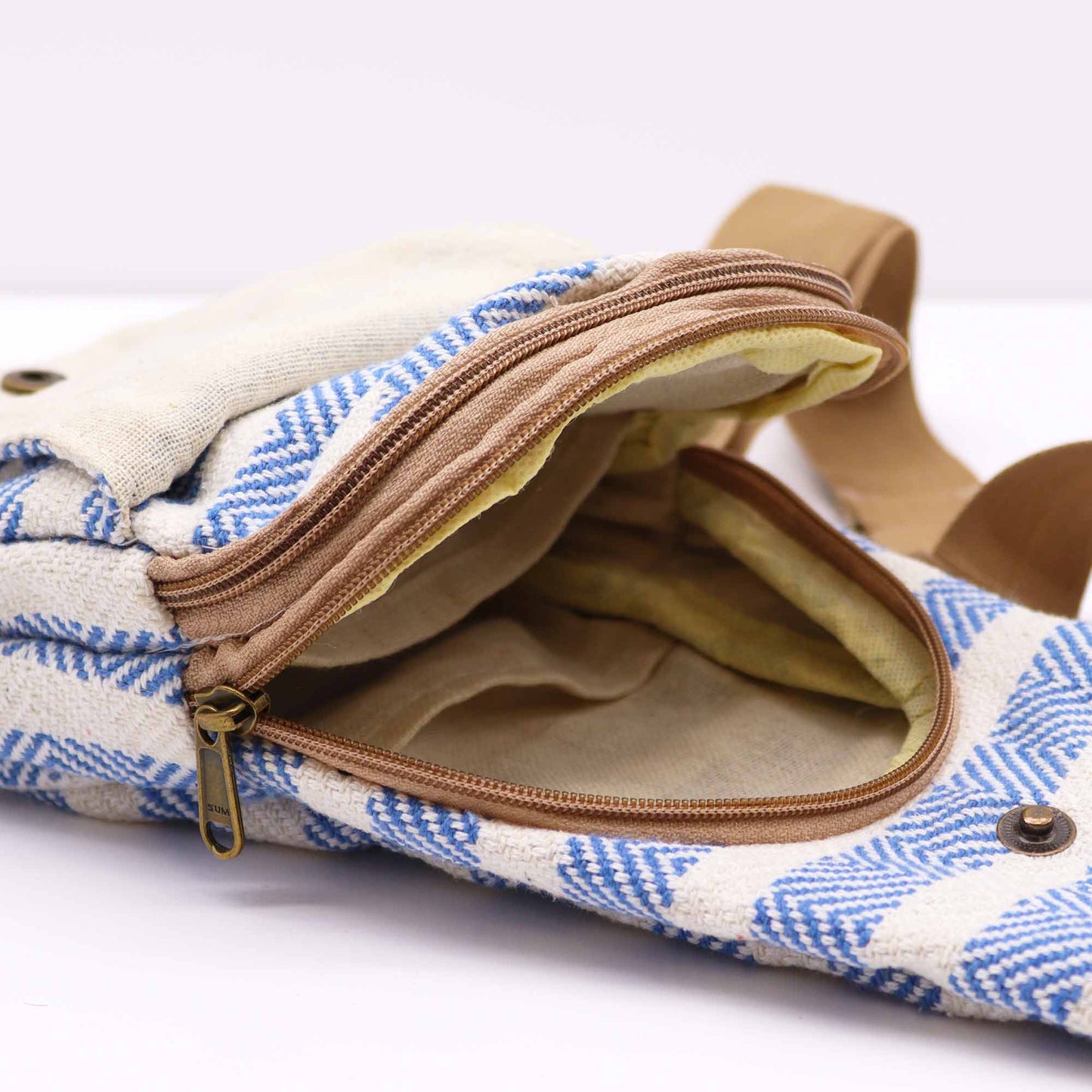 Striped Spacious and Stylish Natural Cotton Cross-Body Bag - Light Blue and White product packaging on clean background from Quintessential Holistic Health Ltd