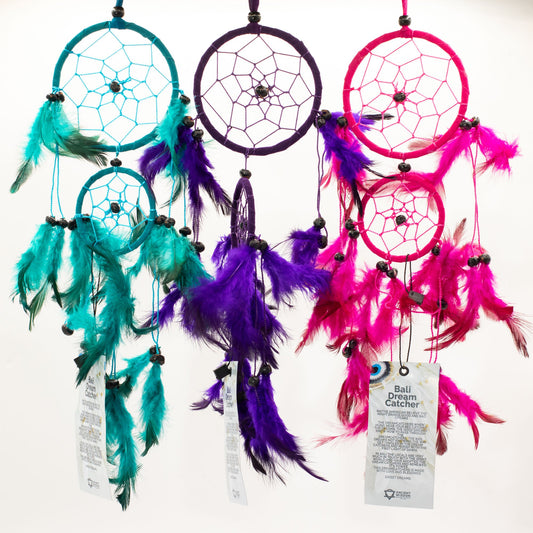 6 x Hand Crafted Dreamcatchers - Medium / Round / Pink, Turquoise and Purple product packaging on clean background from Quintessential Holistic Health Ltd