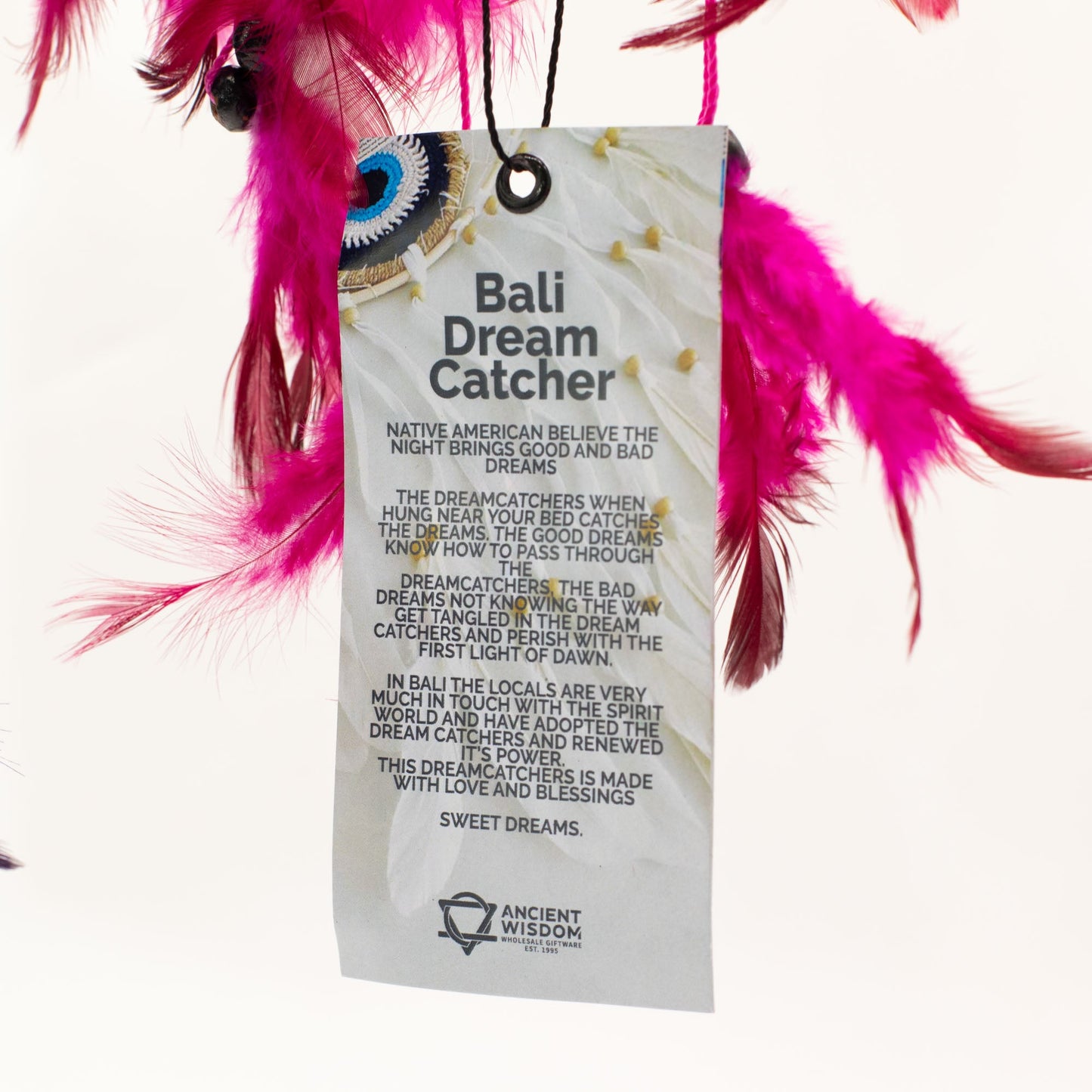 6 x Hand Crafted Dreamcatchers - Medium / Round / Pink, Turquoise and Purple product packaging on clean background from Quintessential Holistic Health Ltd