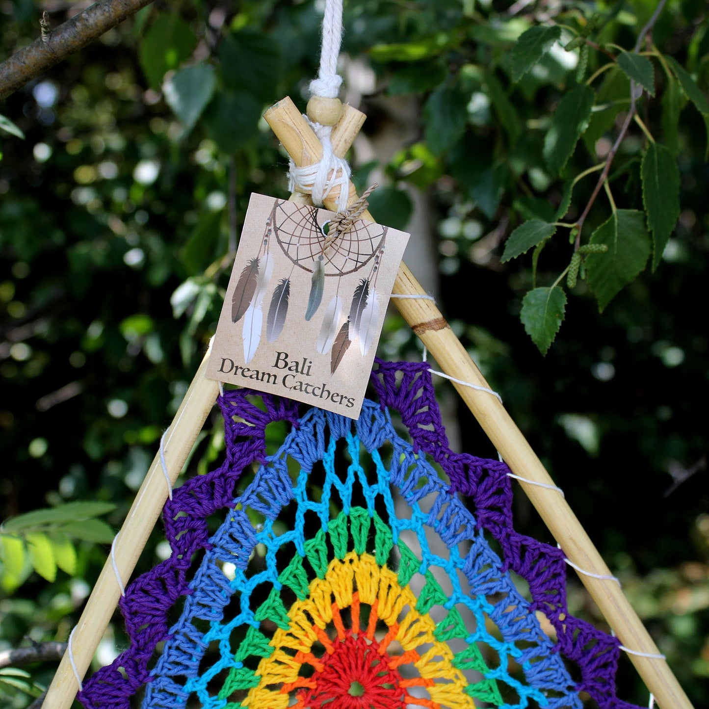 Hand Crafted Dreamcatcher - Medium / Pyramid / Multicoloured product packaging on clean background from Quintessential Holistic Health Ltd