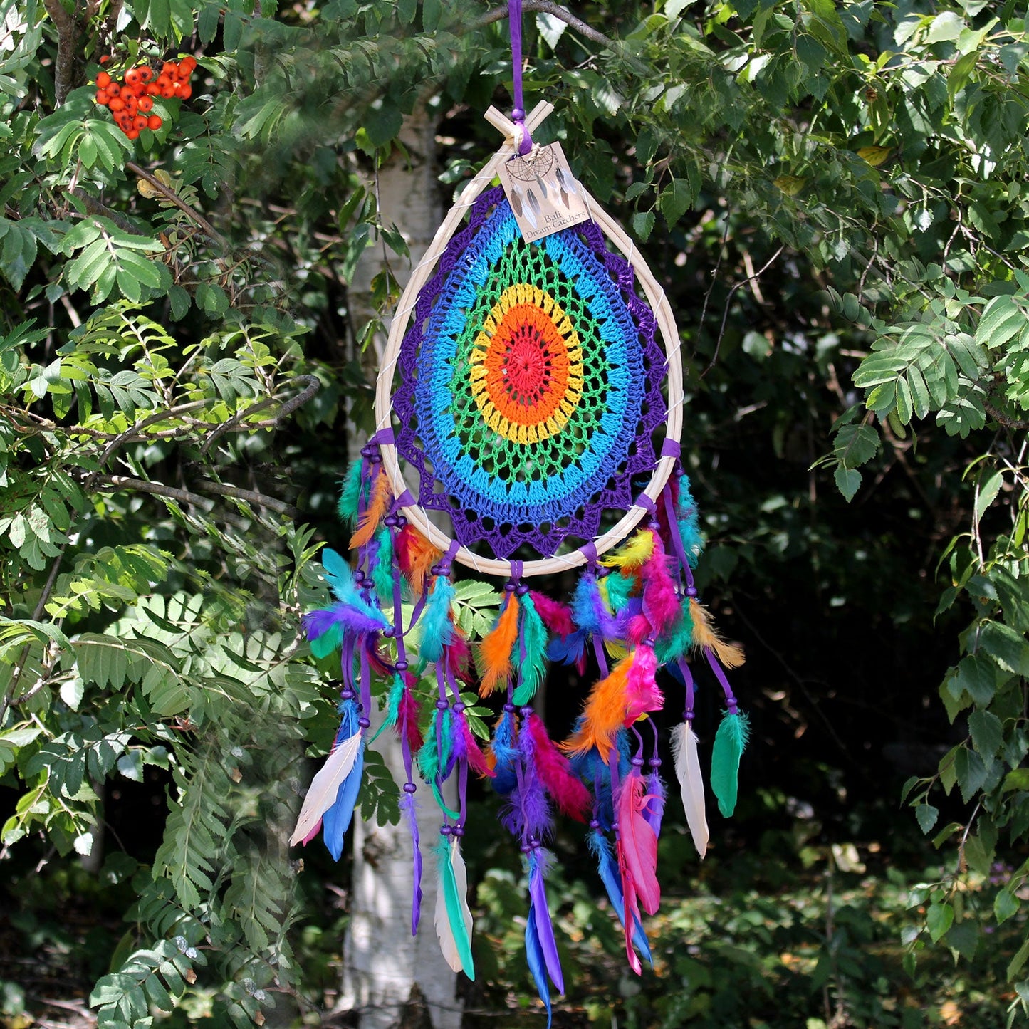 Hand Crafted Dreamcatcher - Large / Teardrop / Multicoloured product packaging on clean background from Quintessential Holistic Health Ltd