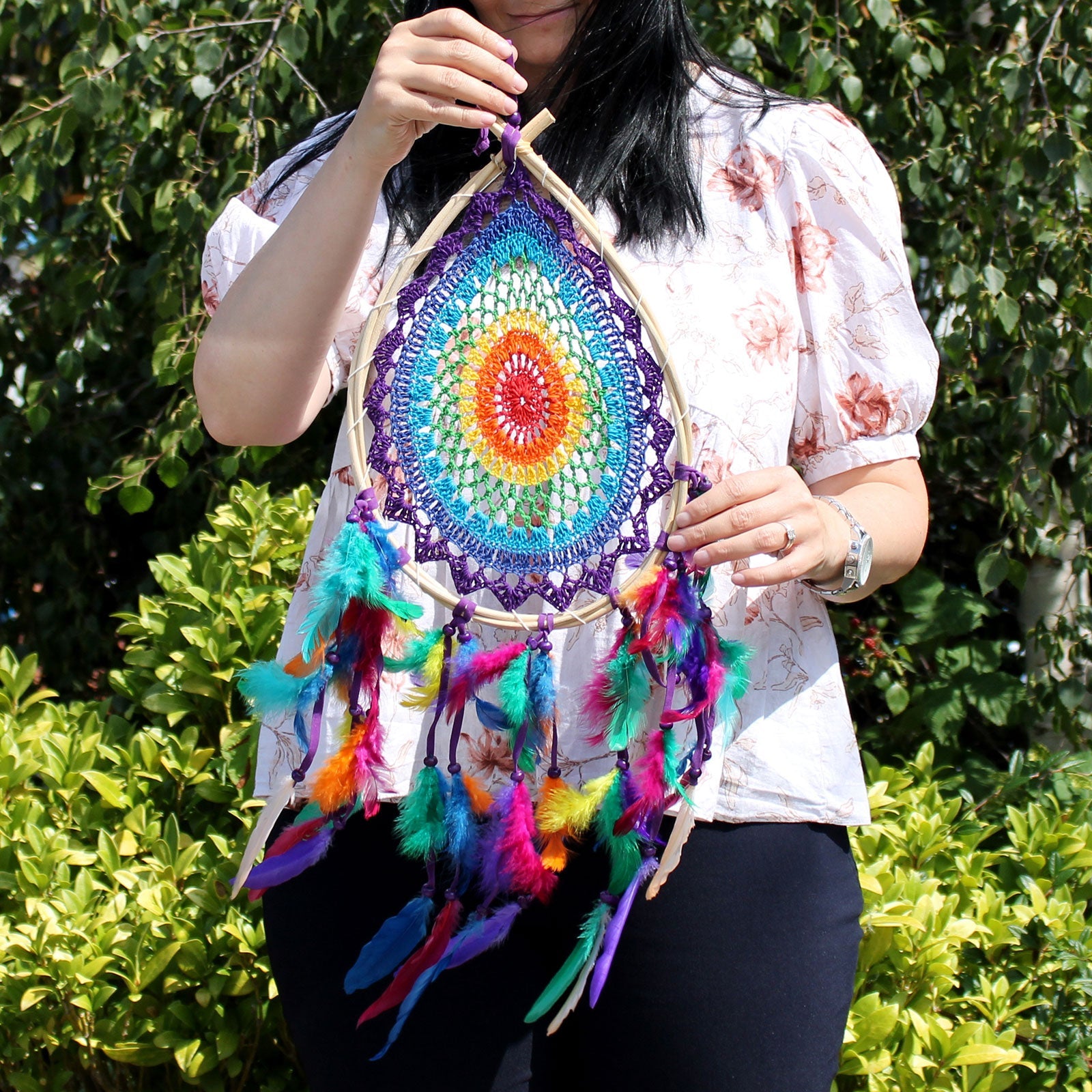 Hand Crafted Dreamcatcher - Large / Teardrop / Multicoloured product packaging on clean background from Quintessential Holistic Health Ltd