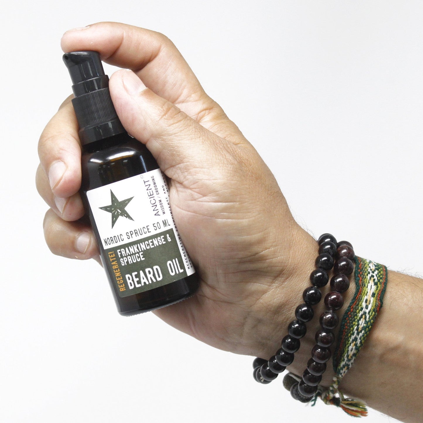 50ml Pure and Natural Beard Oil - Nordic Spruce / Regenerate product packaging on clean background from Quintessential Holistic Health Ltd
